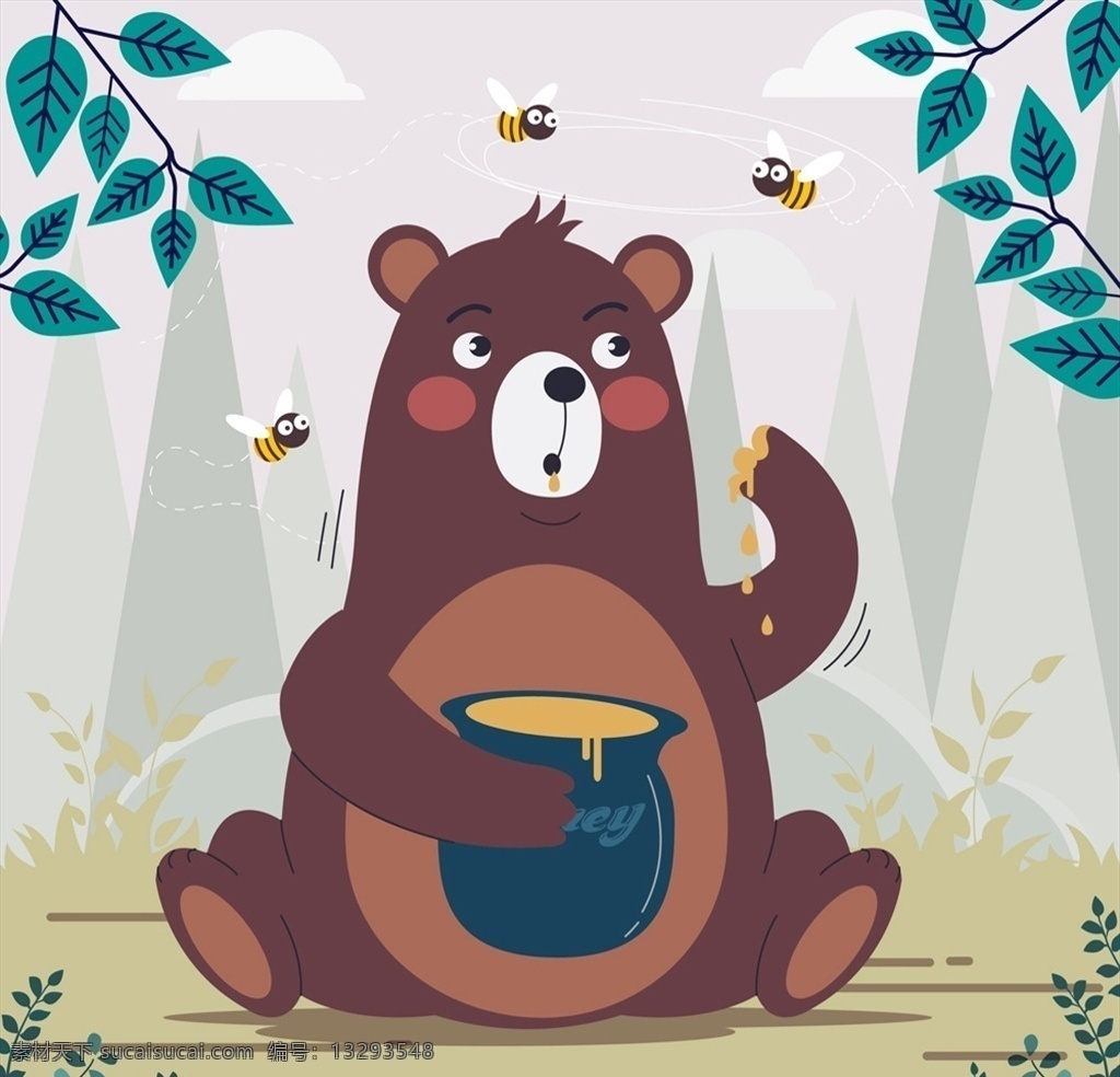 吃 蜂蜜 棕熊 可爱 树木 森林 矢量 高清图片