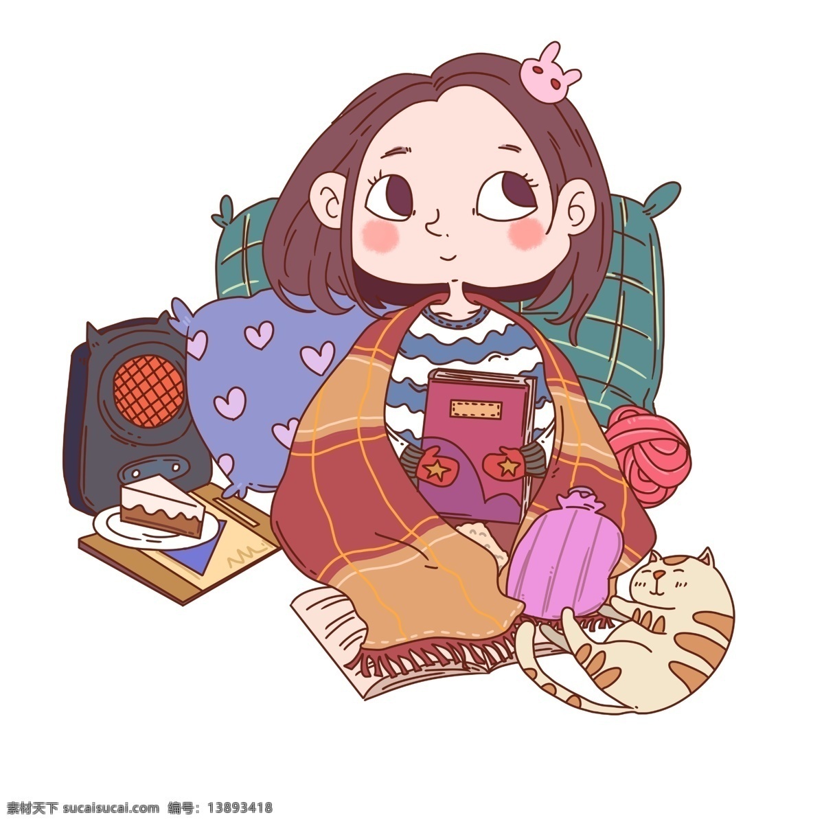 取暖 人物 手绘 插画 漂亮的小女孩 卡通人物插画 红色的被子 黑色的电暖气 紫色的热水袋