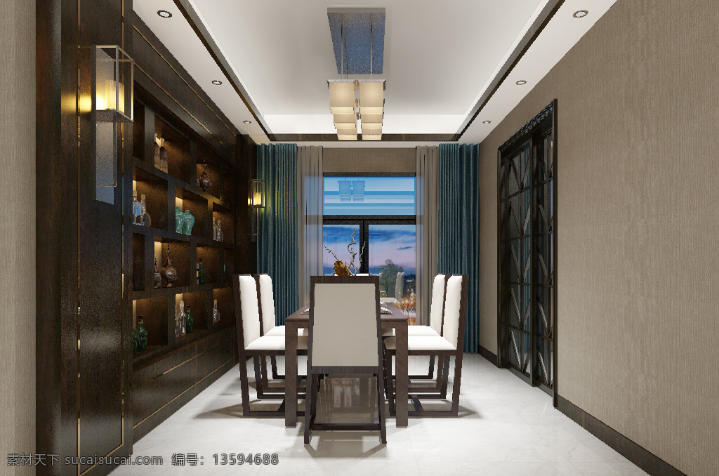 新 中式 风格 沉稳 餐厅 效果图 大气 温馨 壁纸 3d 新中式 酒柜