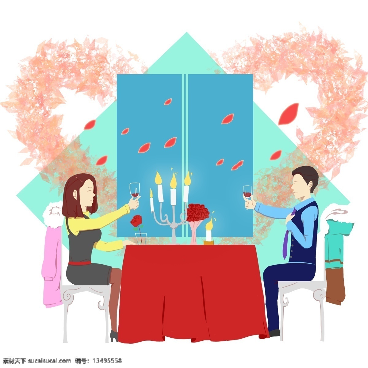 情人节 月 日 烛光 晚宴 举杯 爱心 玫瑰花 花瓣 心形 2月4日 情侣 爱情 卡通 人物 可爱 风格 晚餐 浪漫 装饰画