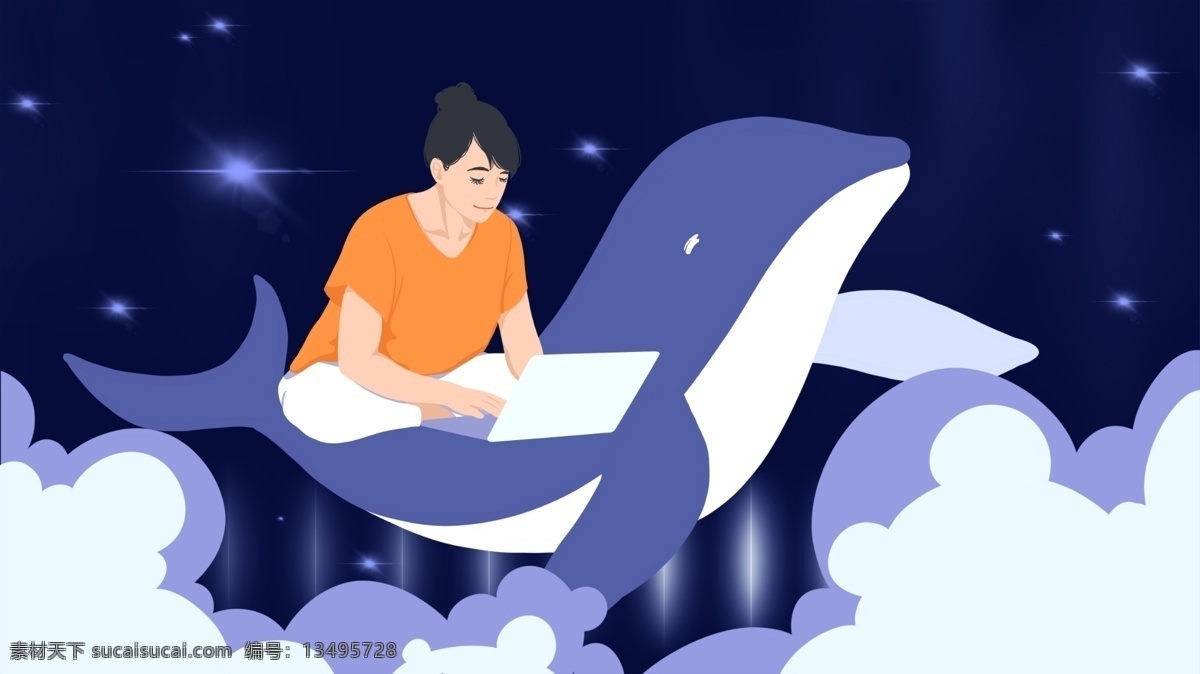 扁平 鲸鱼 办公 女性 插画 大气 时尚 装饰画 星空 扁平风 扁平插画 原创插画 绘画 人物插画 简约 简洁 色块化 暖系 温暖 温馨 女孩 女生 女人 少女 电脑 用电脑的女性