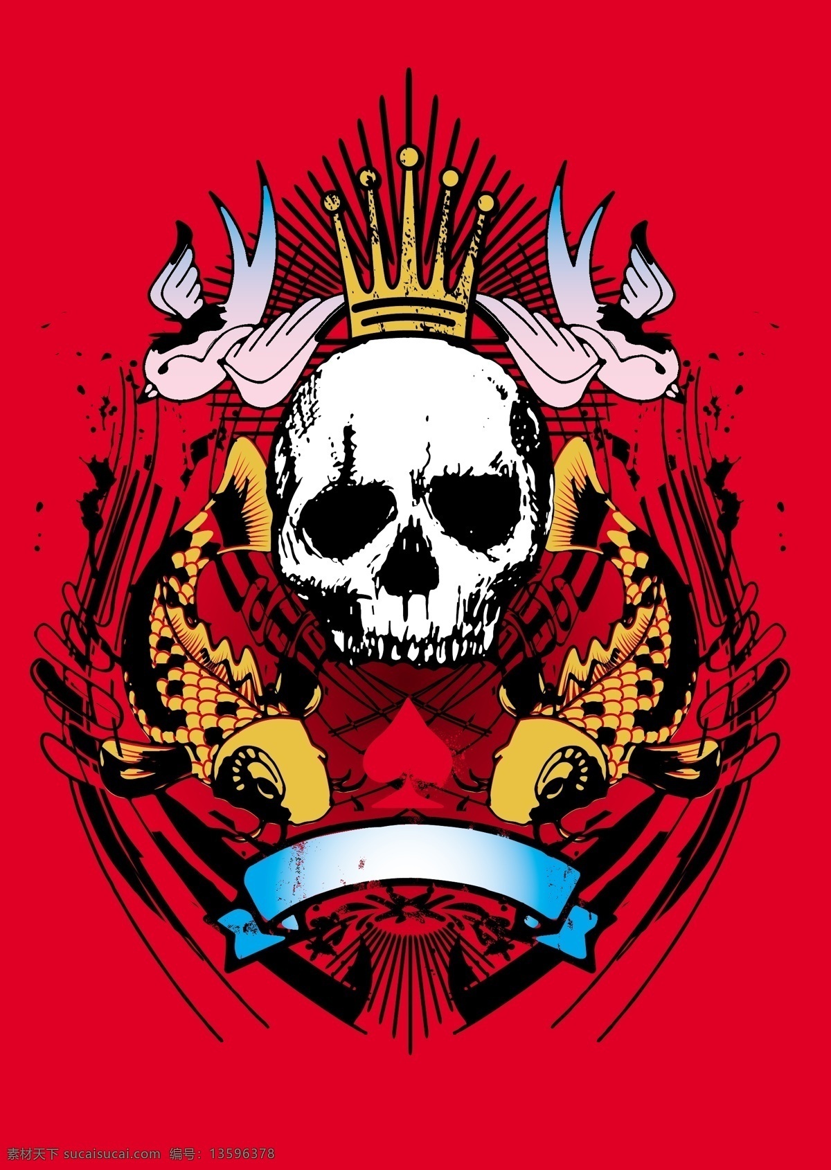 恐怖 骷髅 头 背景 鱼 鸟 皇冠 骷髅头 图案 纹身 t恤 印花 印花图案 底纹边框 矢量素材 红色