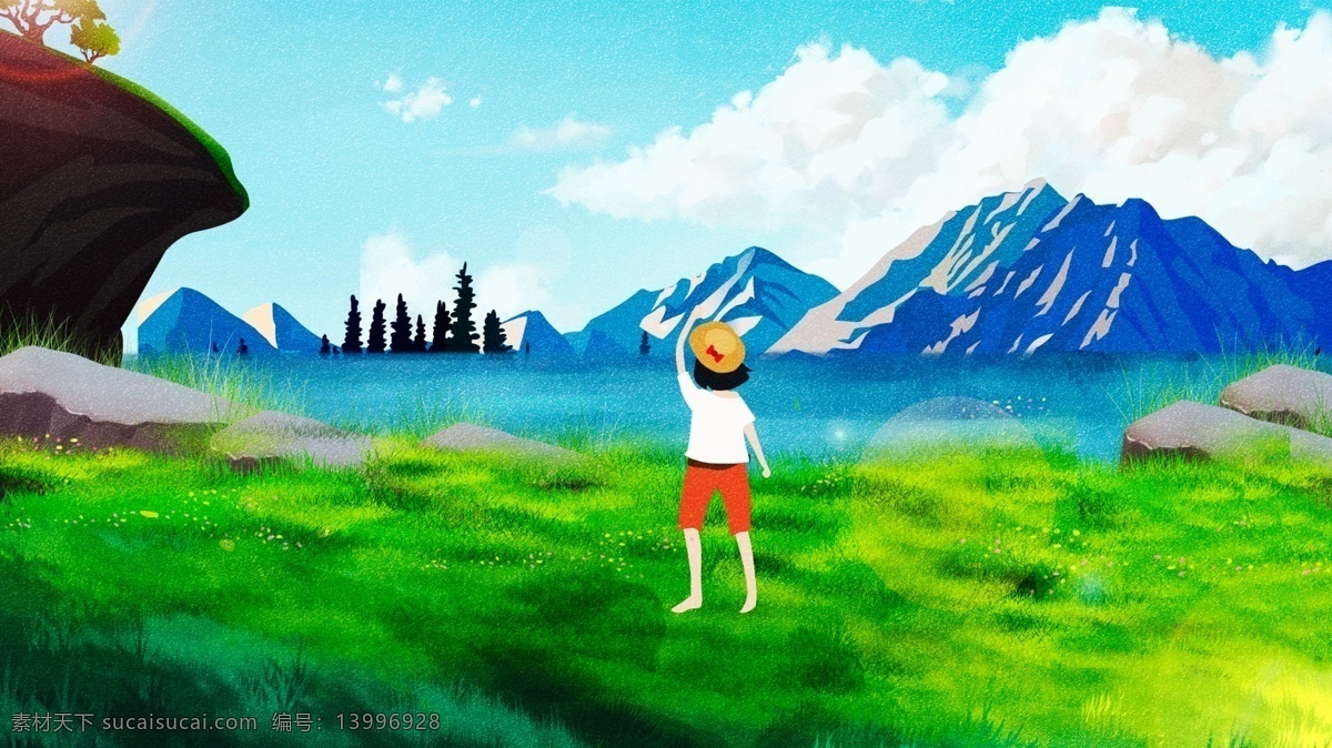 唯美 清新 夏天 夏季 旅游风景 插画 旅游 小清新 夏天旅游 电商插画 朋友圈壁纸 公众号插画 看风景 海景 草地