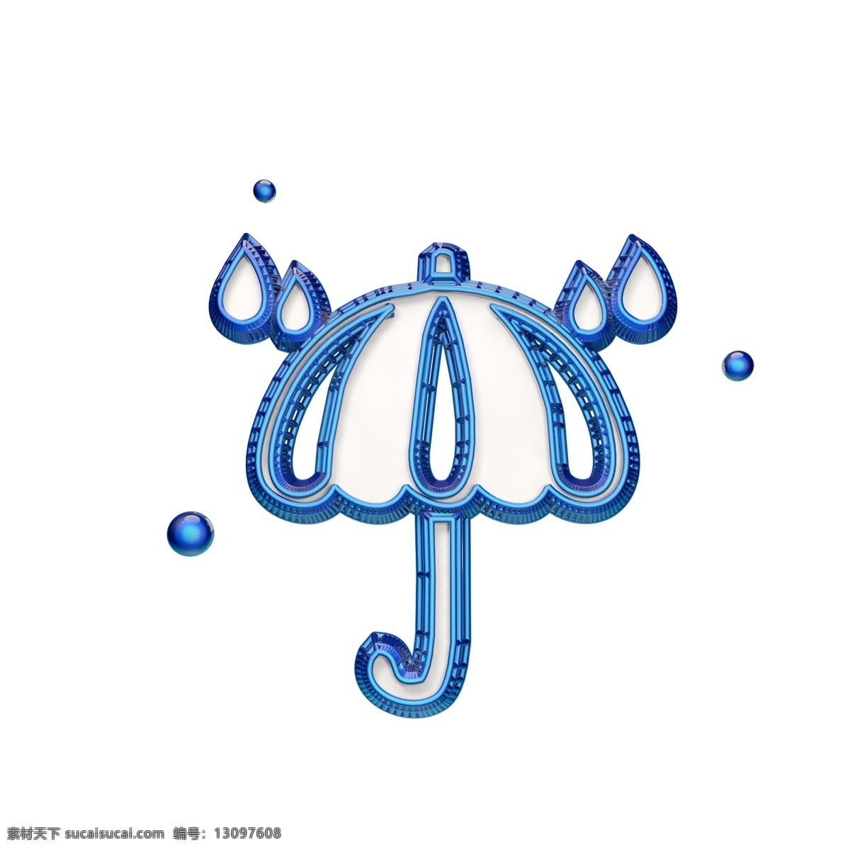 立体 创意 小 伞 图标 蓝色 小伞 雨珠