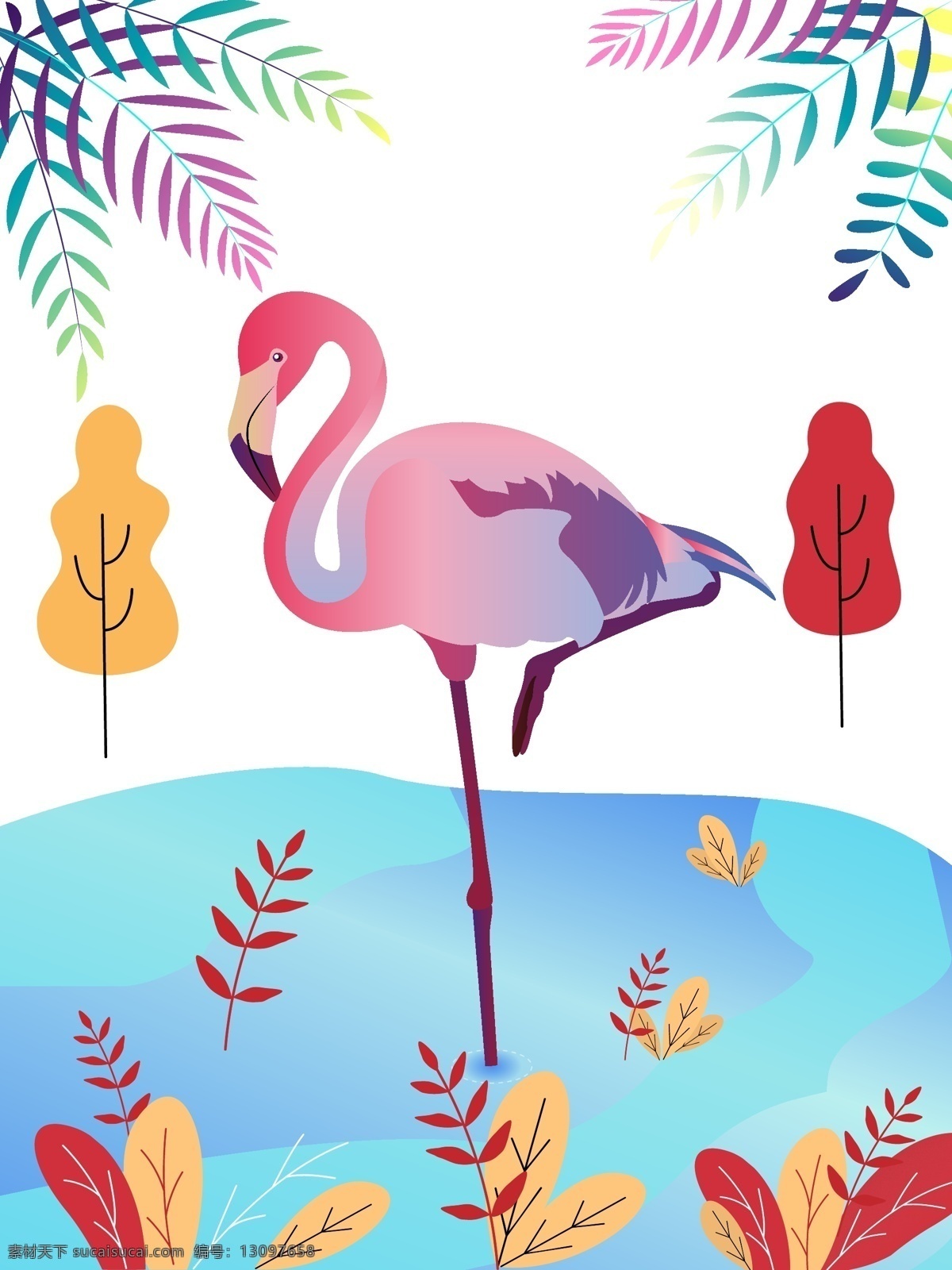 简约 清新 矢量 火烈鸟 插画 海报 装饰 植物 渐变