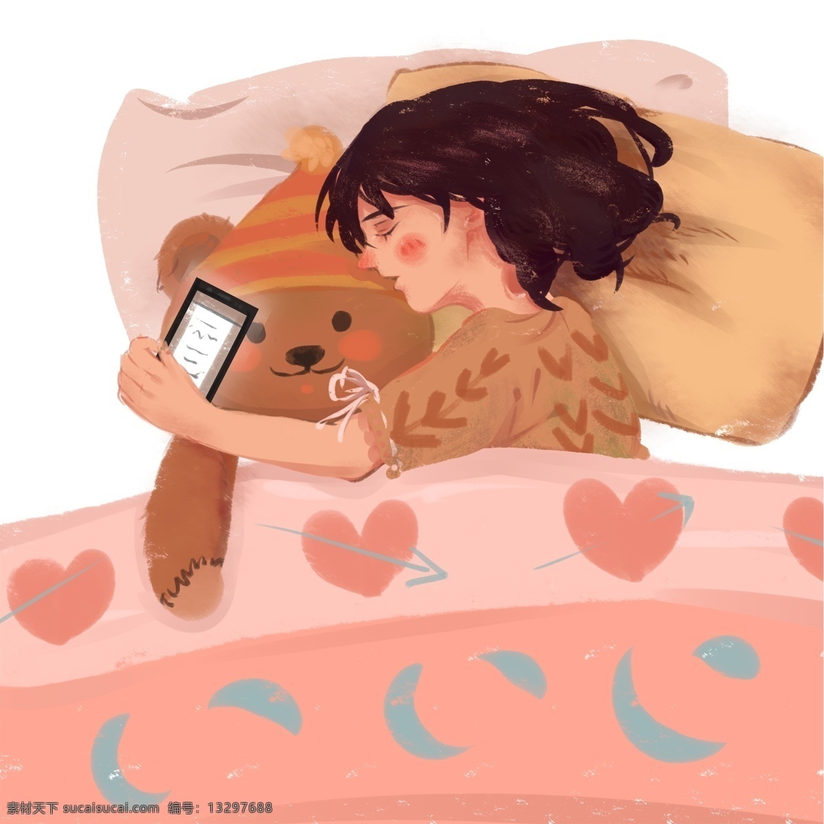 人物 女孩 晚安 睡觉 卡通 彩色 水彩 创意 手绘 绘画元素 现代 简约 装饰 图案