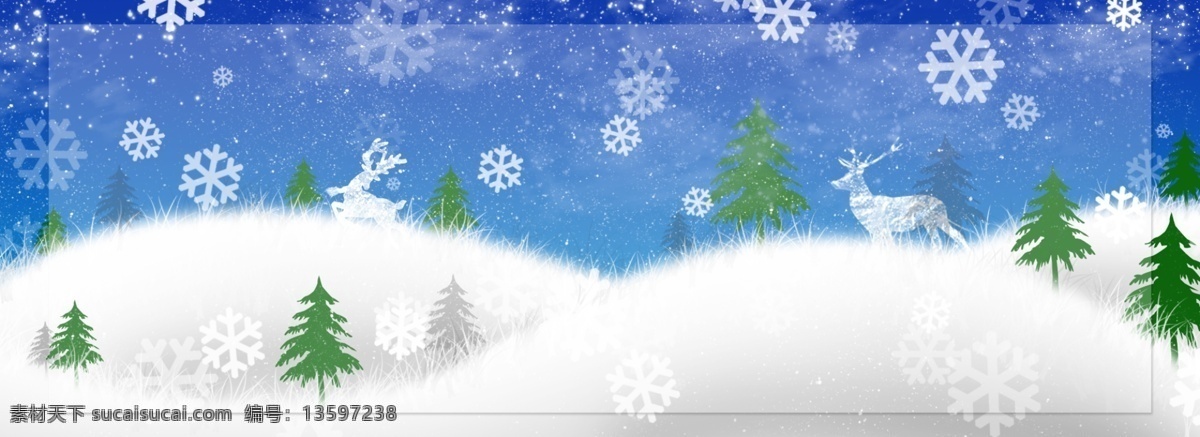 原创 蓝色 唯美 浪漫 圣诞 雪景 雪花 圣诞鹿 背景 白色 唯美浪漫