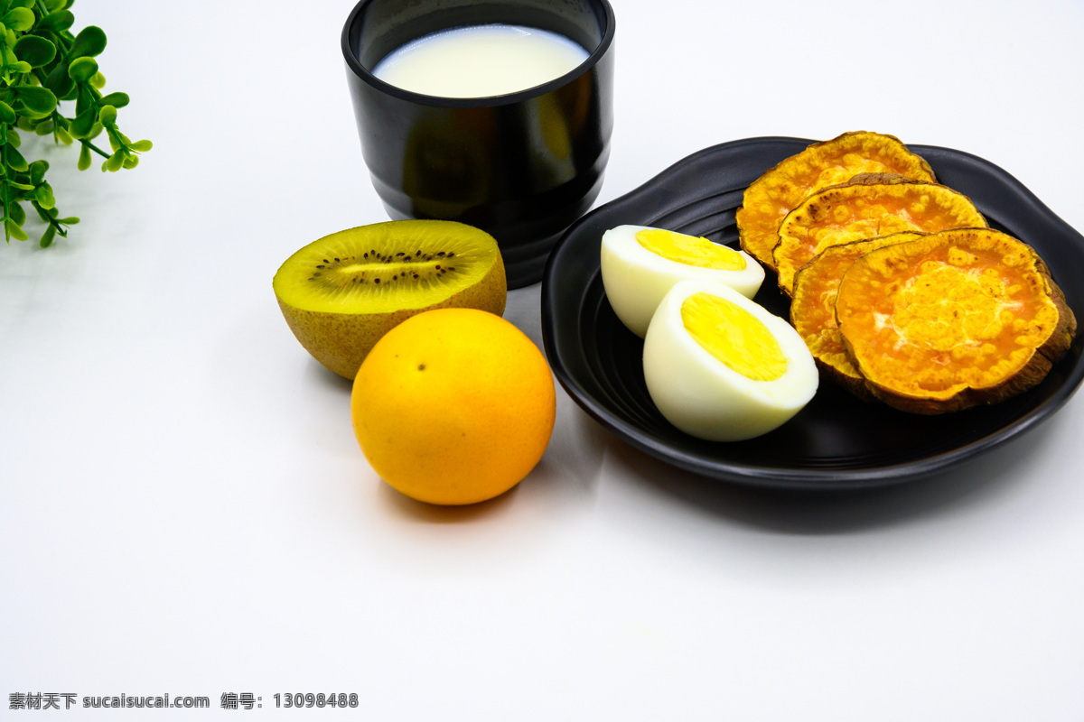 早餐 烤红薯 红薯 地瓜 鸡蛋 蛋 卵 牛奶 奶 水果 橙子 猕猴桃 静物 食品 中国 烹调 烧烤 烤 容器 特写 黑色瓷碗 黑色瓷盘 瓷盘 黑色杯子 瓷杯 圆形 绿色 绿叶 绿色食品 烹饪 饮食 中国菜 美味 传统文化 无人 特色 彩色图片 健康的 有机食品 膳食 营养 主菜 熟食 餐饮 餐饮美食 传统美食