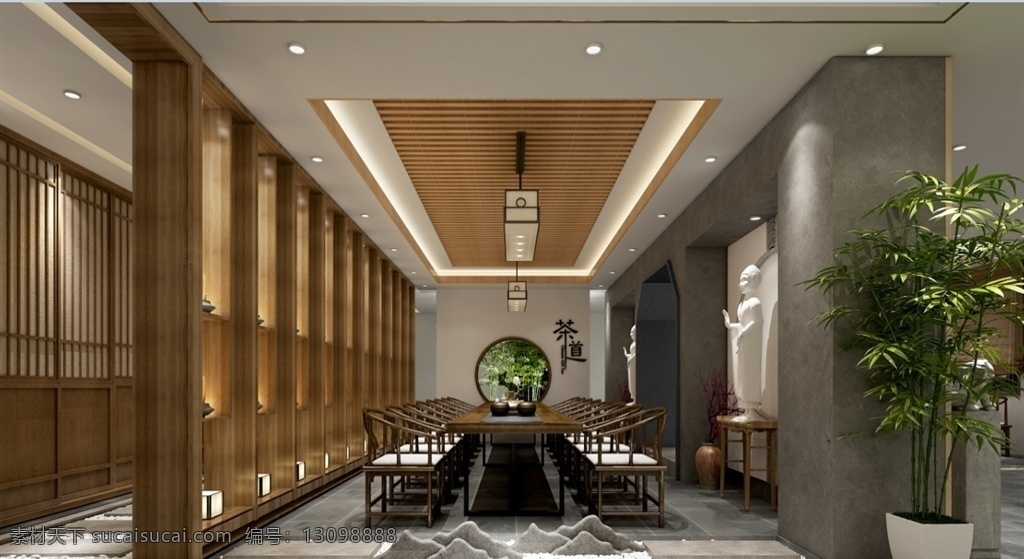 新 中式 茶室 3dmax 新中式 3d模型 棕色 3d设计 室内模型 skp