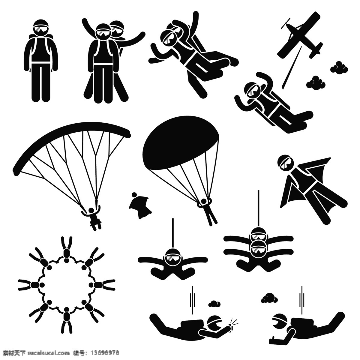 经典 黑白 圆头 小人 降落伞 飞机 蹦极 矢量 源文件 下载图案 装饰图案 平面设计素材
