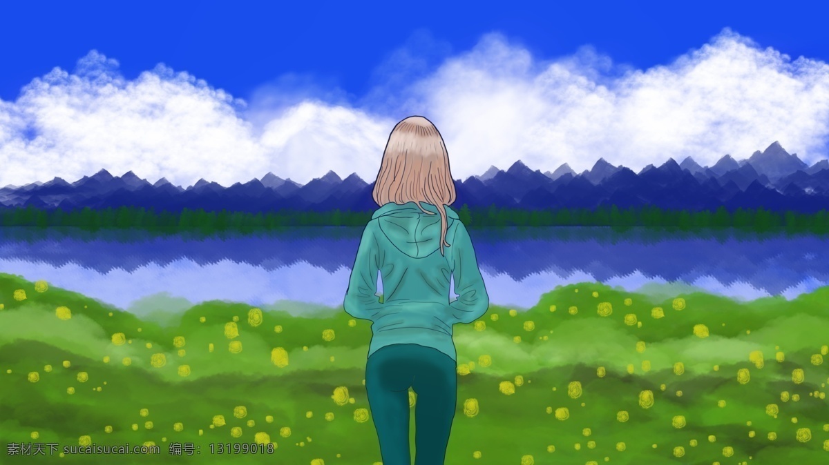 远山 风景 秋天 原创 手绘 插画 卡通女孩 手绘插画 水墨风 立秋 油画风格 美丽天空