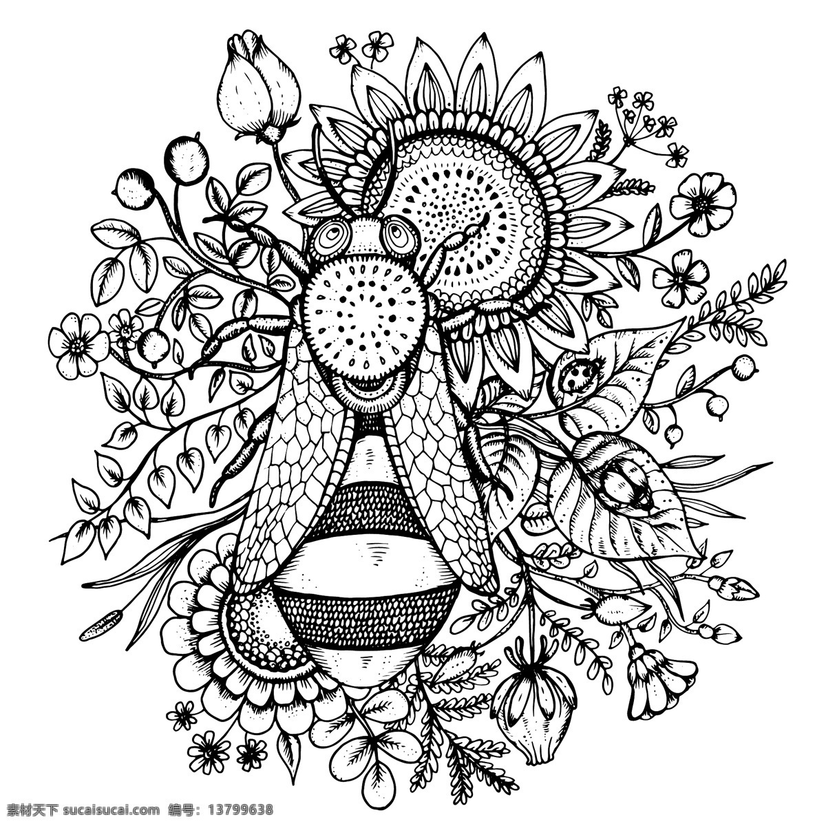 手绘 蜜蜂 葵花 花卉 向日葵 矢量图 eps格式 白色