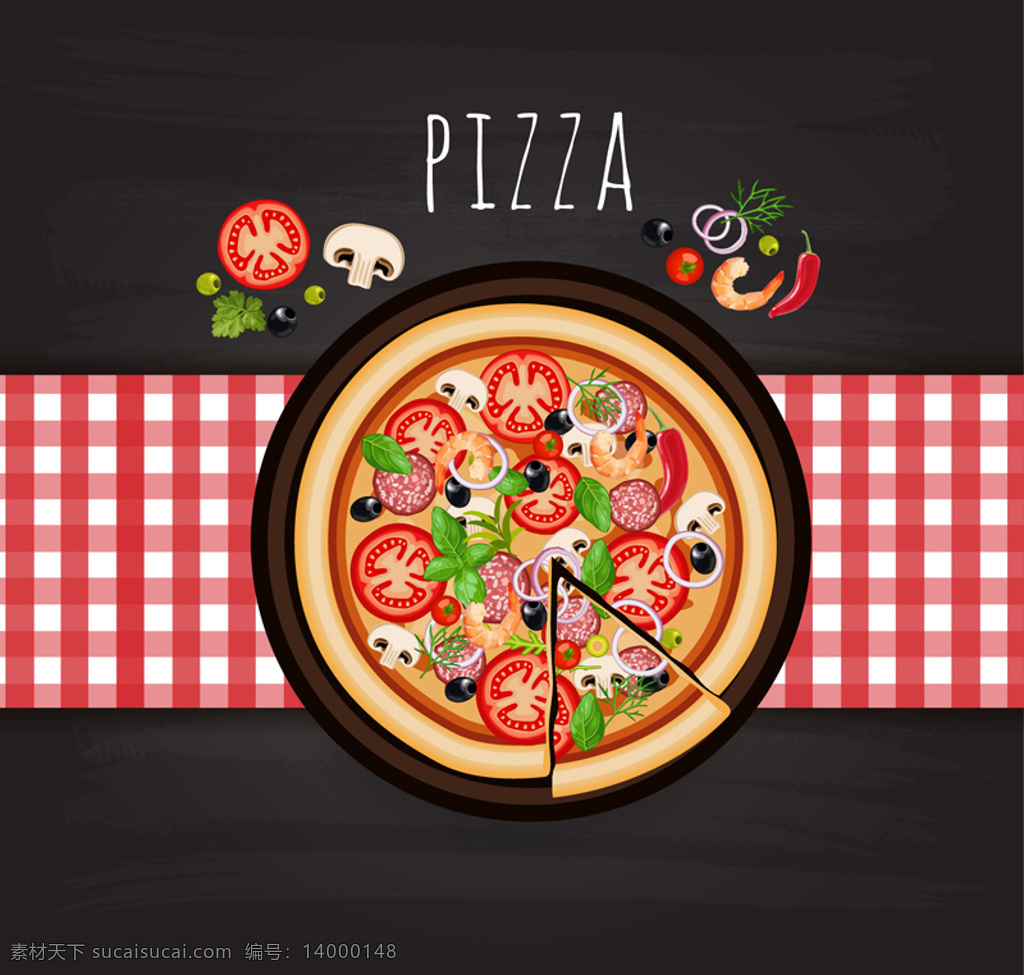 意大利 披萨 俯视图 矢量 蘑菇 青椒 蔬菜 西红柿 洋葱 快餐食品 黑色