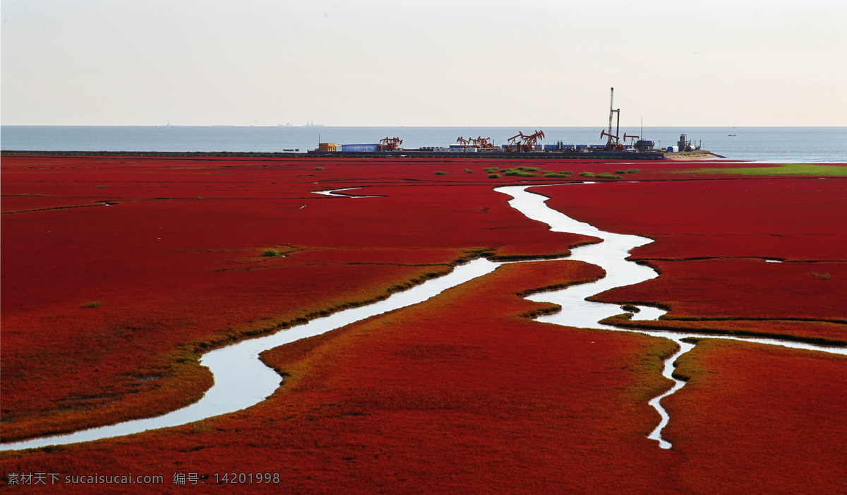 红海滩 小渔船 旷野 广阔红海滩 秀美辽河口 摄影图 自然景观 自然风景