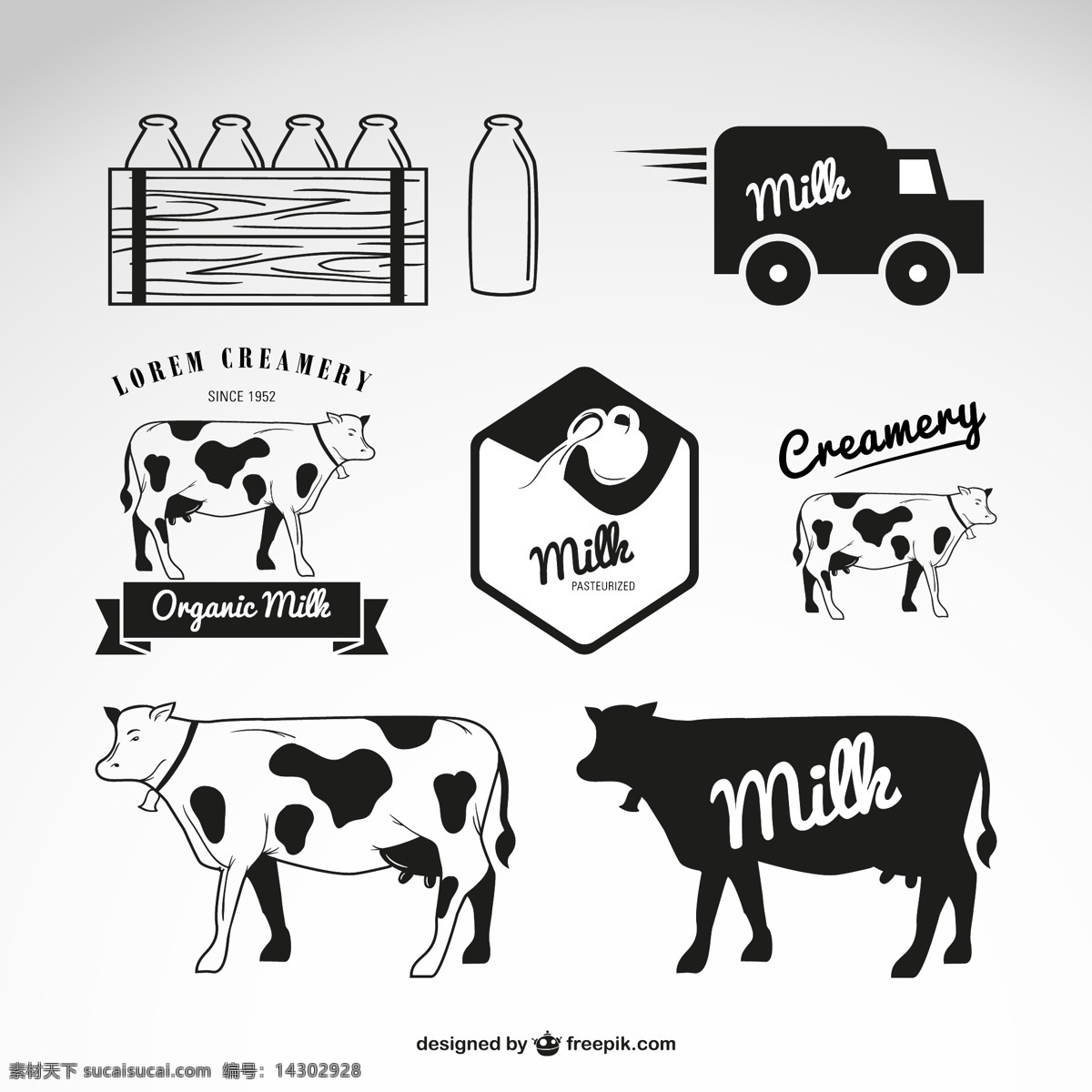黑色 乳制品 标签 矢量 ai格式 奶牛 牛奶 牛奶瓶 矢量图 送货车 milk 其他矢量图