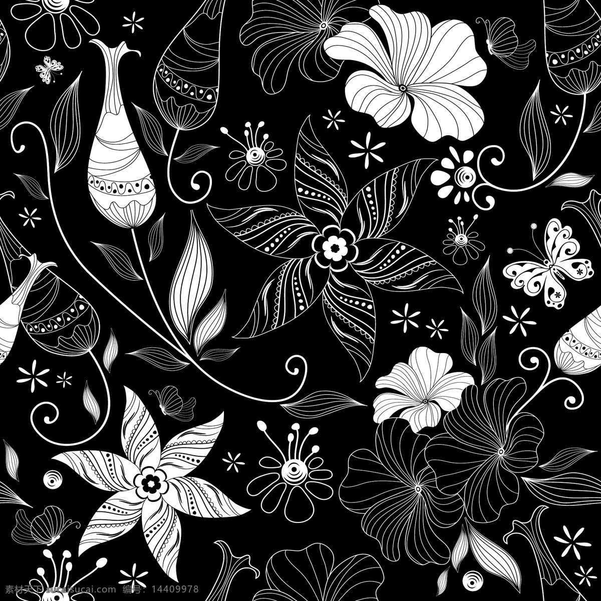 黑色 背景 花卉 图案 矢量图 其他矢量图