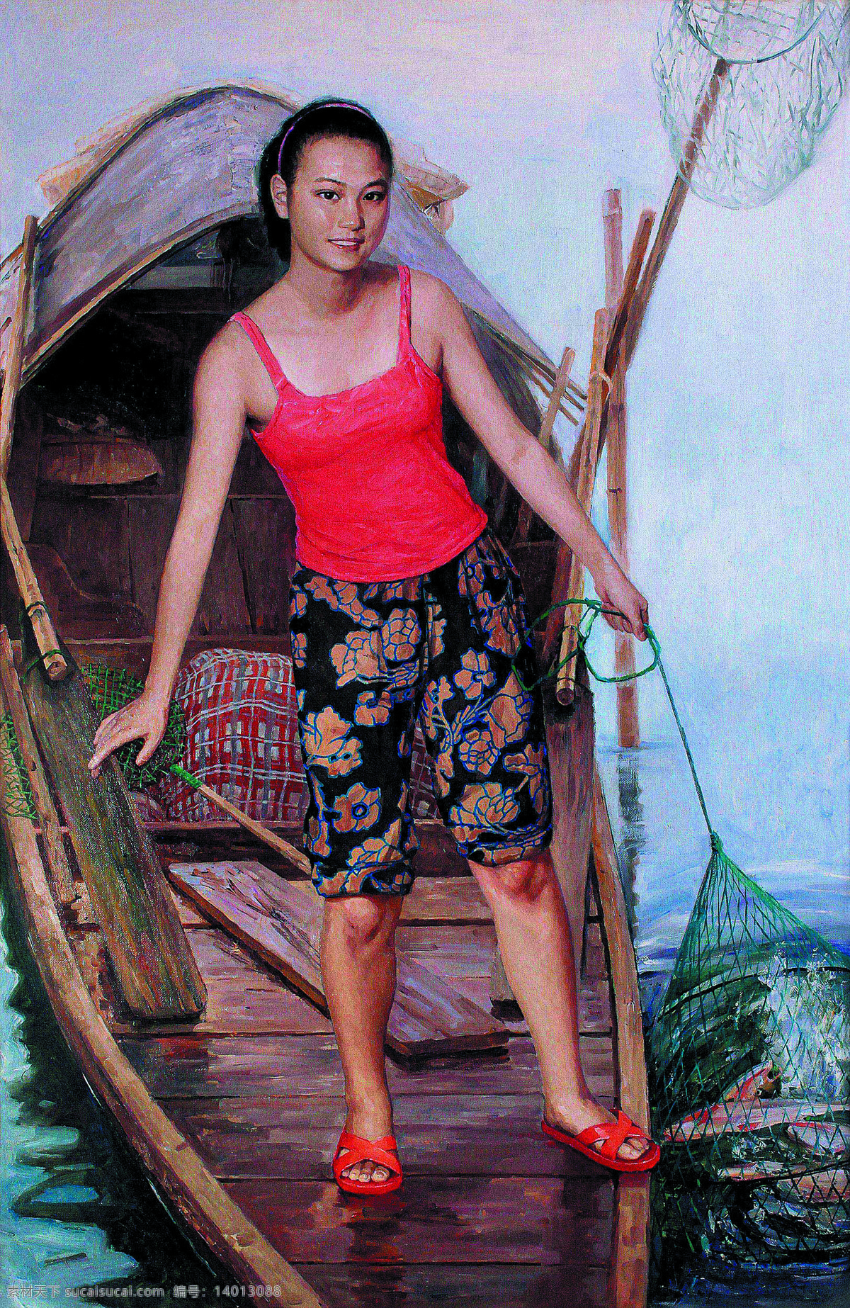 渔家少女 美术 油画 女人 女子 姑娘 渔船 河流 捕鱼 油画作品81 文化艺术 绘画书法