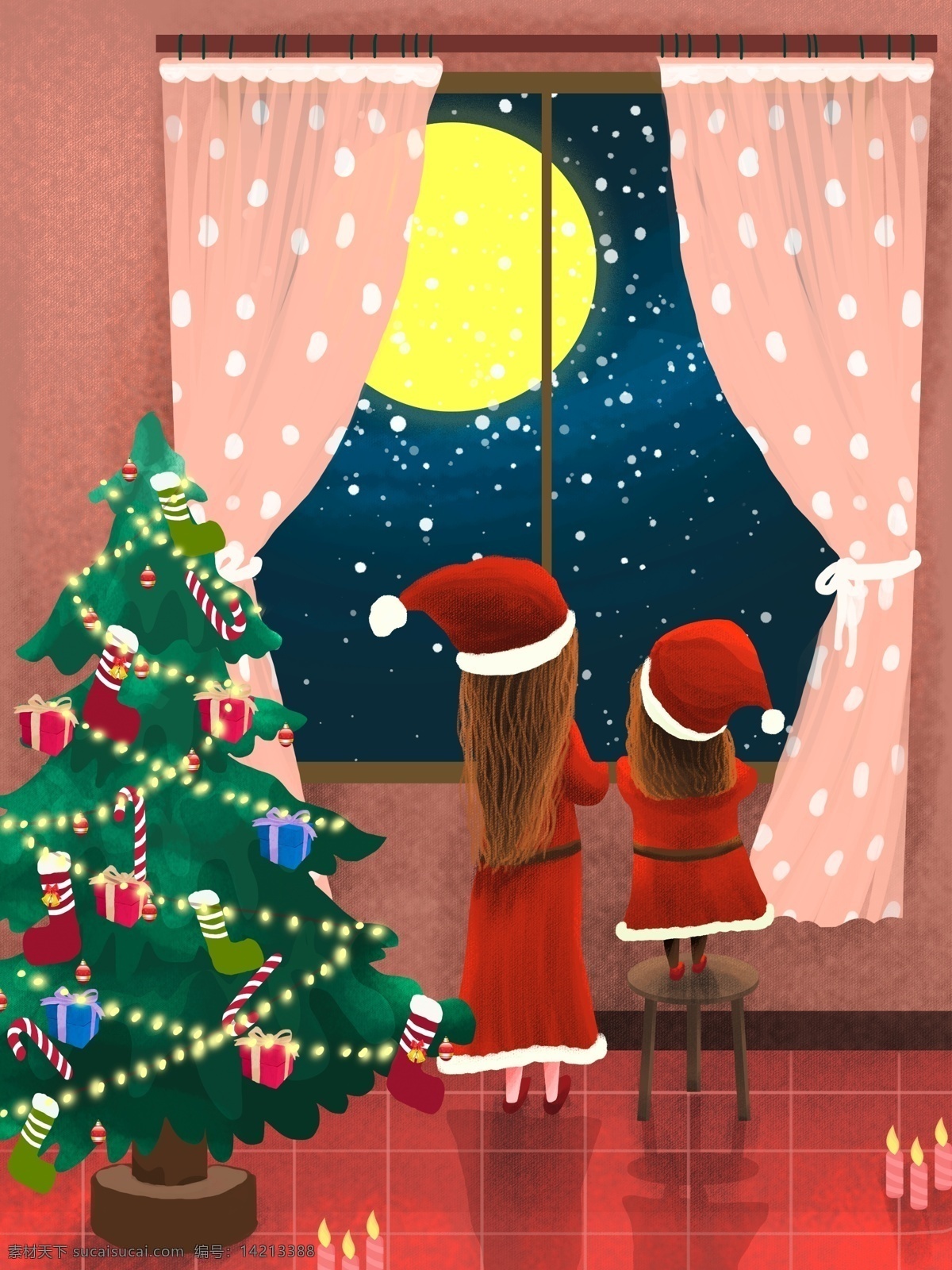 圣诞节 圣诞树 窗 看 星空 圣诞老人 母女 室内 家 温馨 窗边 看星空 圣诞 圣诞服装 袜子 蜡烛 卡通