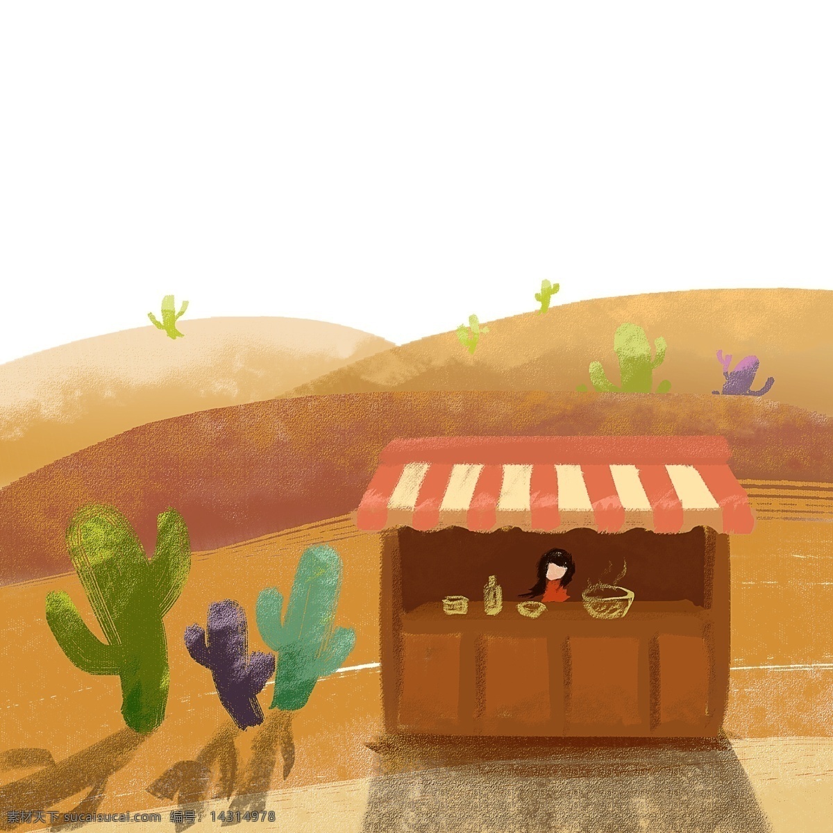沙漠 旅行 手绘 插画 商店 植物 酷暑 仙人掌 沙漠探险 夏天