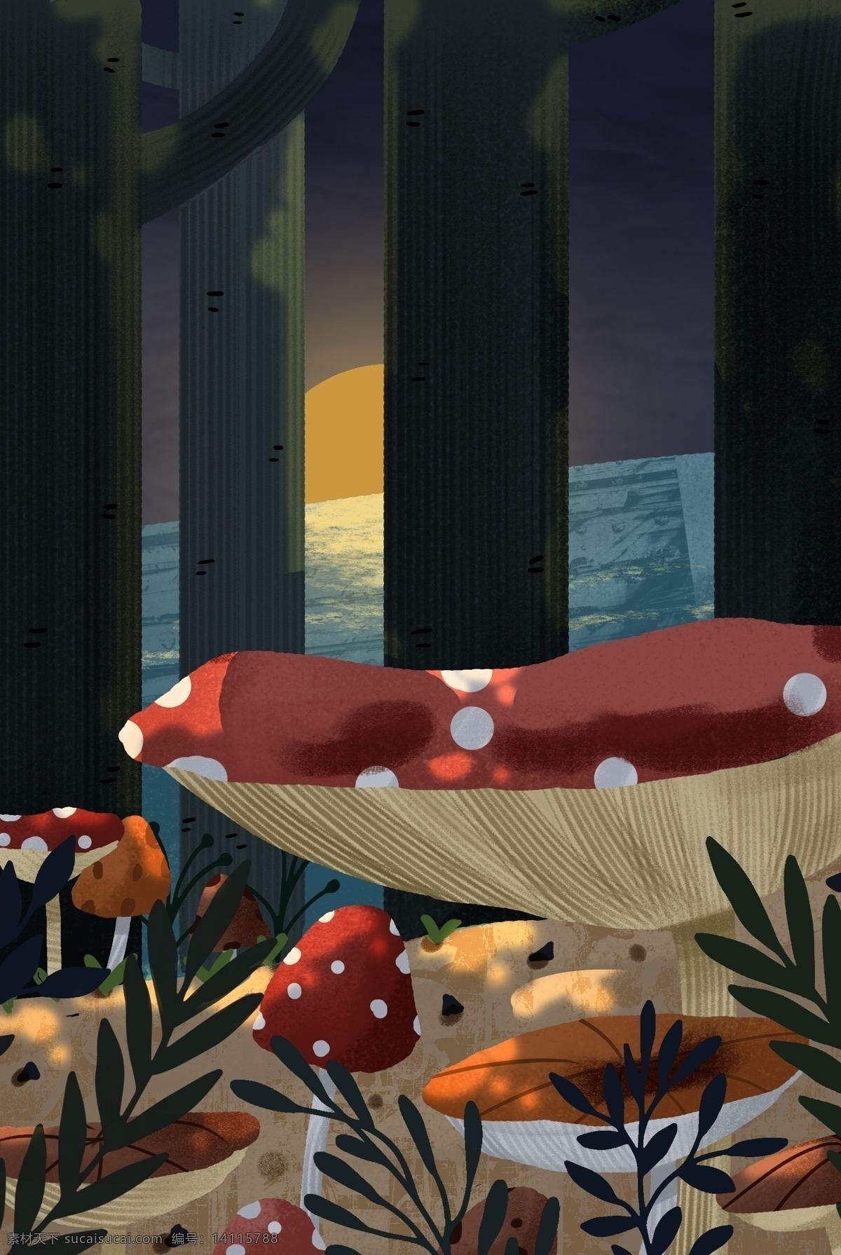 夏天 晚上 森林 背景 海报 夏季 菌类 蘑菇 黑色 彩色 水彩 寂静