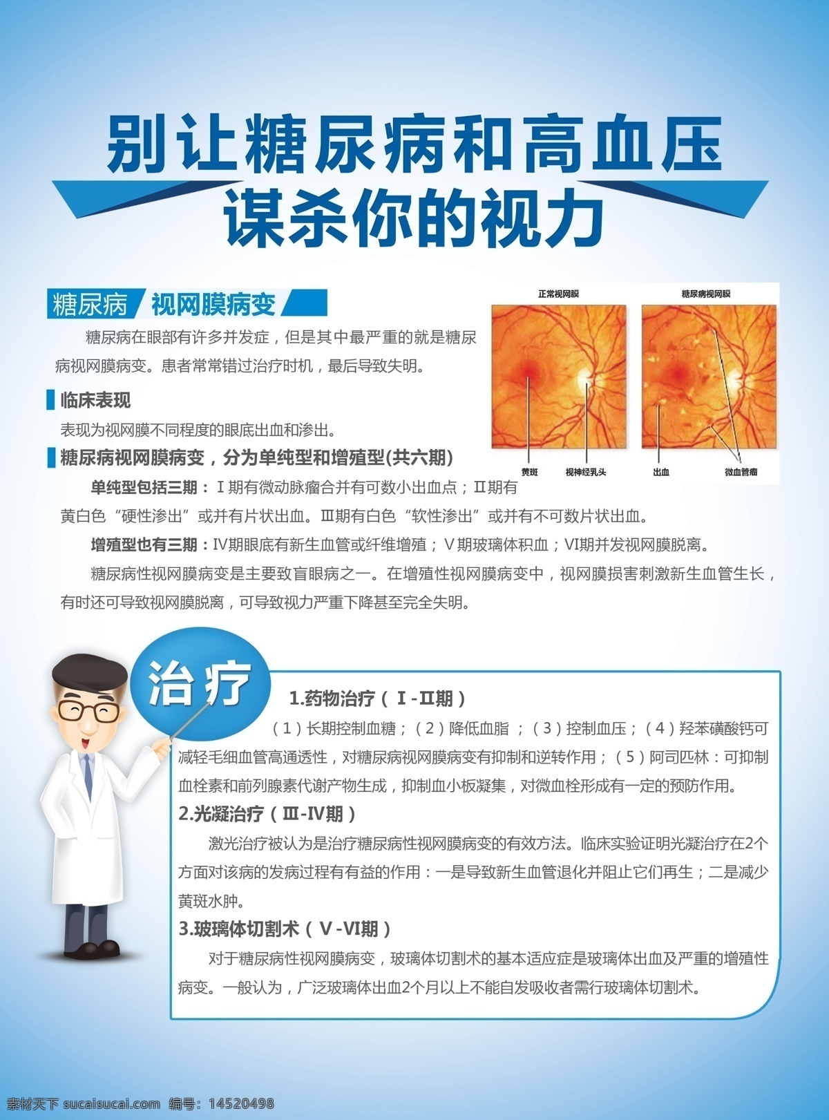 医院单页 蓝色 卡通医生 糖尿病 高血压 视力 治疗 视网膜 视网膜病变 玻璃体切割 dm宣传单