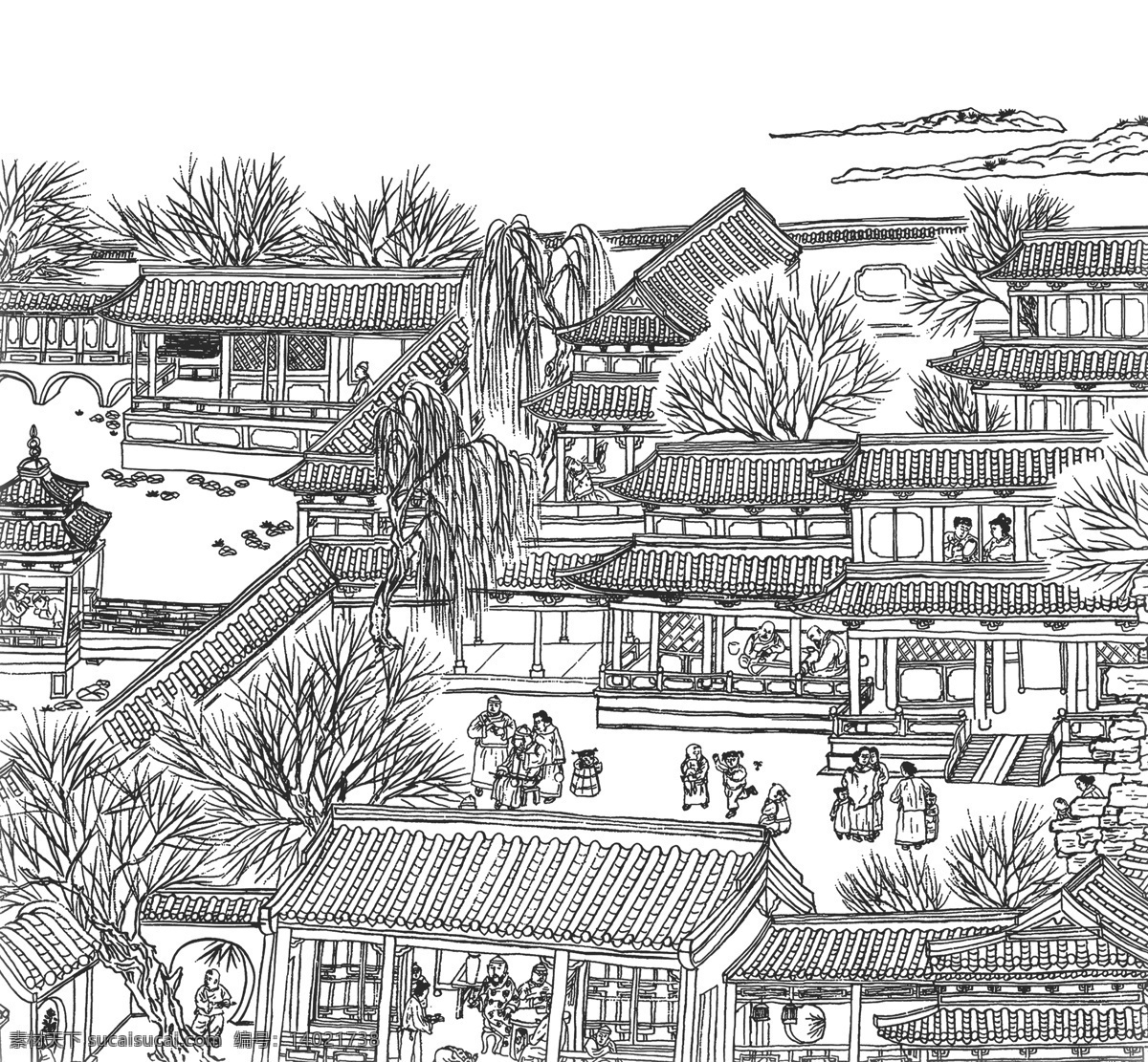 古建筑 古图 国画 分层 源文件