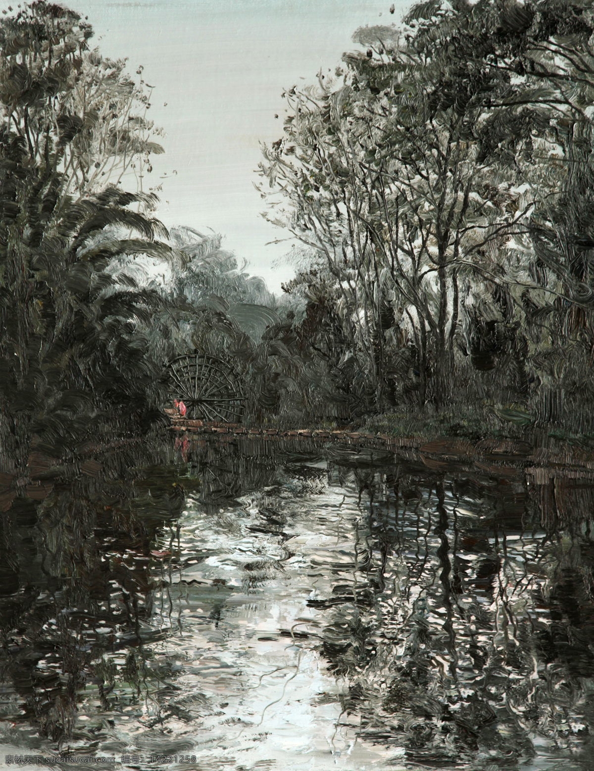 风景画 绘画书法 美术 树木 水车 文化艺术 乡村 乡村风景 油画 林子 植物 江流 油画艺术 油画作品43 家居装饰素材