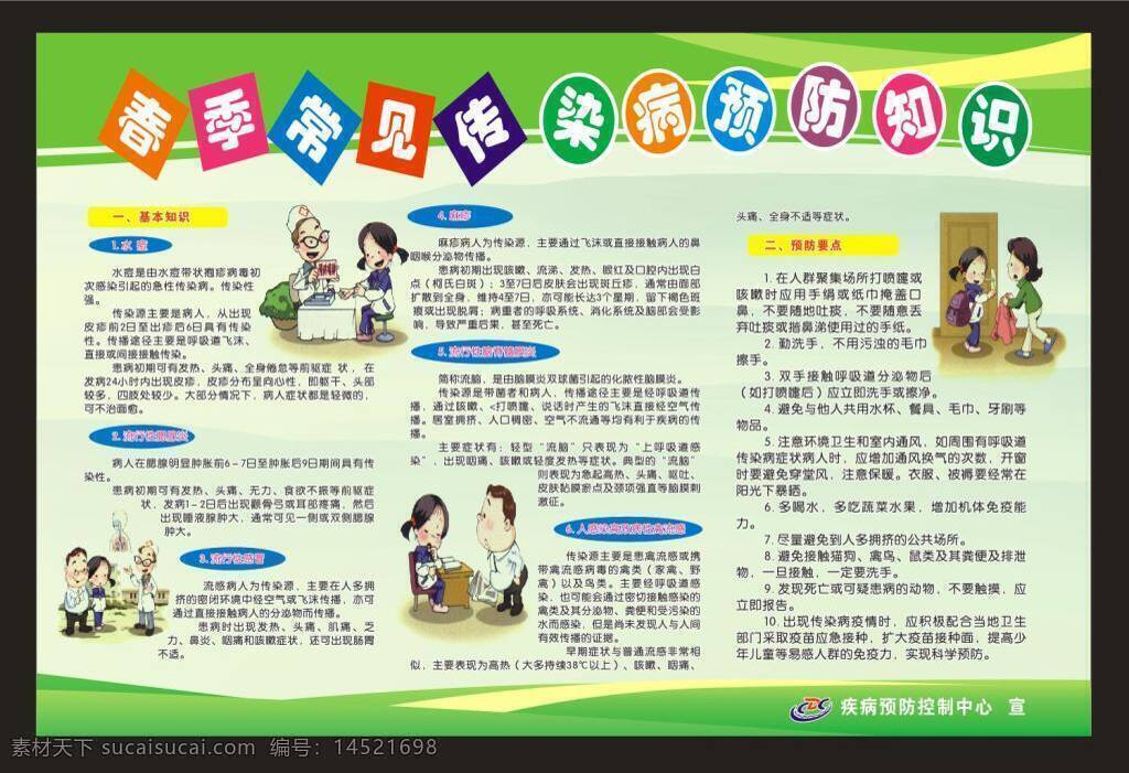 春季 常见 传染病 预防知识 水痘 流行性感冒 麻疹 疾控中心 绿色展板 绿色背景