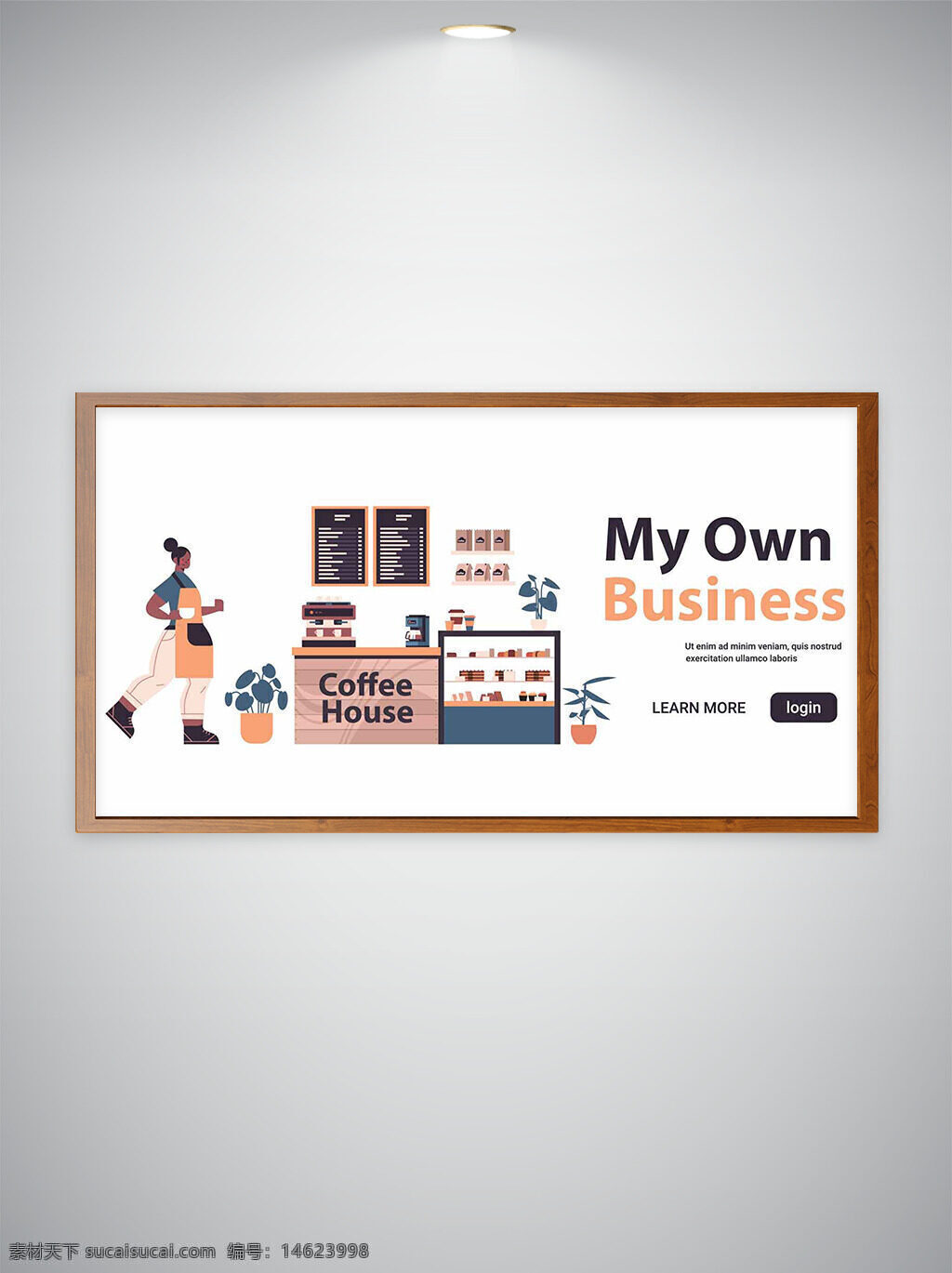 咖啡馆 个人事业 简约风格 咖啡屋场景 女性店主 生活方式 独立经营 菜单展示 室内装饰 咖啡文化 轻松氛围 植物插画