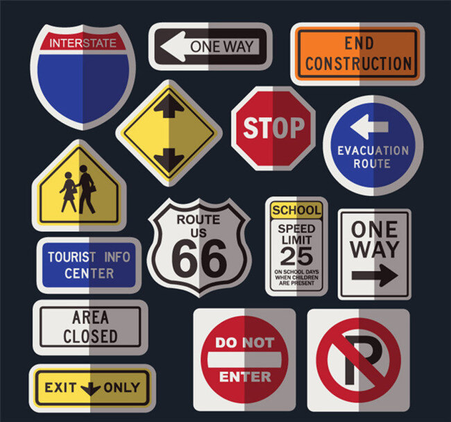 款 道路交通 标志牌 交通工具 交通图标 行人警示牌 停止 停车牌 出口 限速牌 交通标志 66号公路 指示牌 道路封锁 矢量素材 黑色