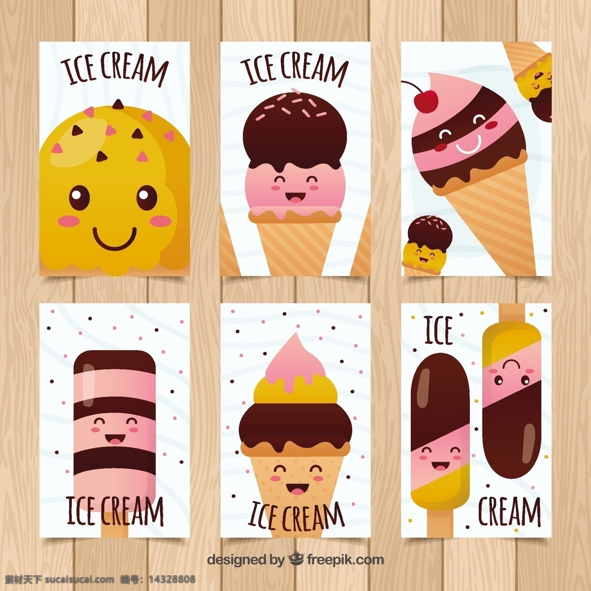 可爱 冰淇淋 人物 装饰 卡片 分类 食品 夏季 模板 颜色 平板 冰 甜 平面设计 娱乐 甜点 滑稽 奶油 吃