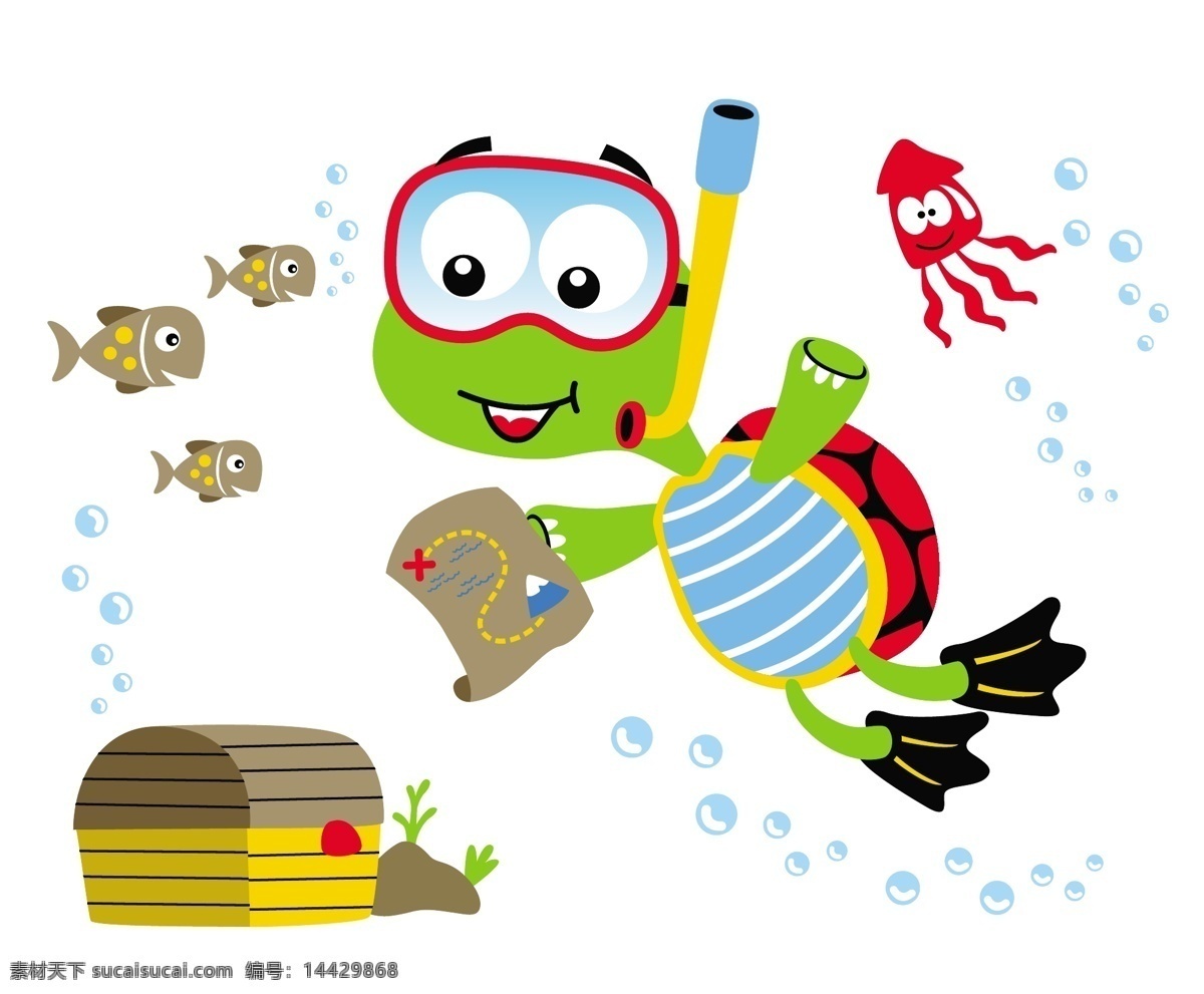 可爱 潜水 海龟 卡通 动物 卡通动物 章鱼 水泡 水草 地图 潜水镜 小鱼