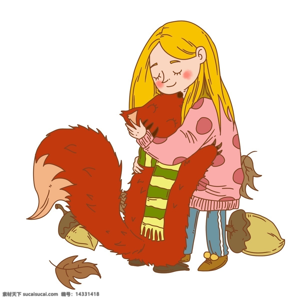 大寒 人物 狐狸 插画 漂亮的小女孩 红色的狐狸 黄色的树叶 取暖 手绘 黄色的果食 蓝色的围巾