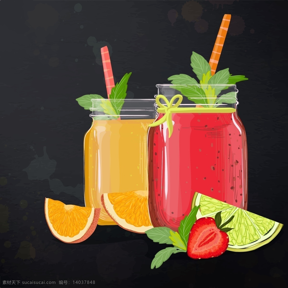 手绘 夏天 美味 果汁 插画 新鲜 鲜榨 水果