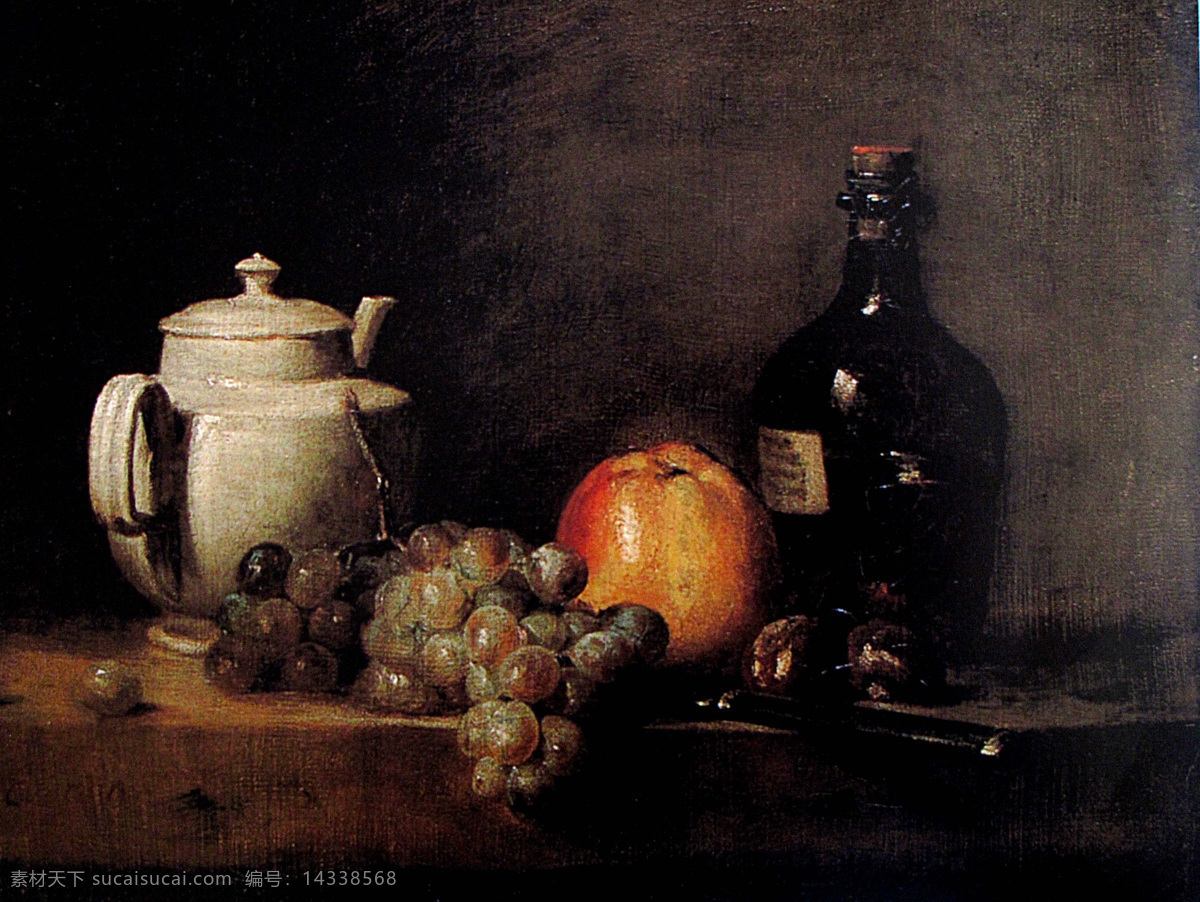油画 玻璃瓶子 绘画书法 苹果 葡萄 水果 文化艺术 油画设计 陶瓷水壶 水果刀 家居装饰素材