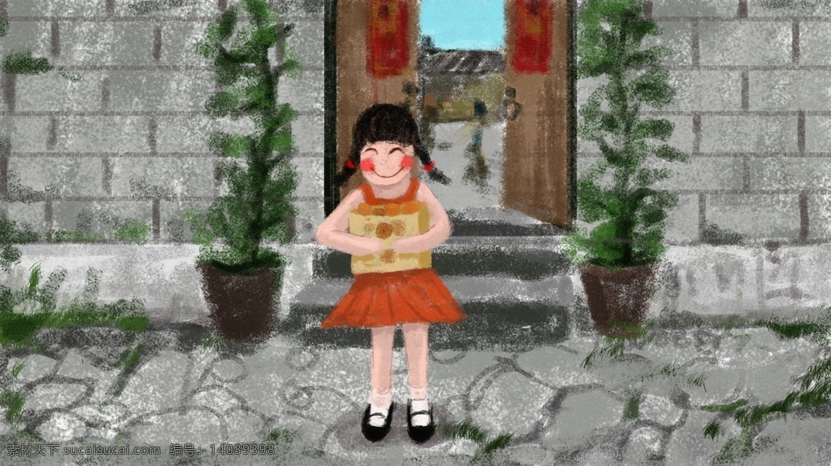 抱 月饼 小女孩 原创 插画 中秋节 月亮 壁纸 封面 回家 八月十五 团圆 传统 习俗 相聚 配图