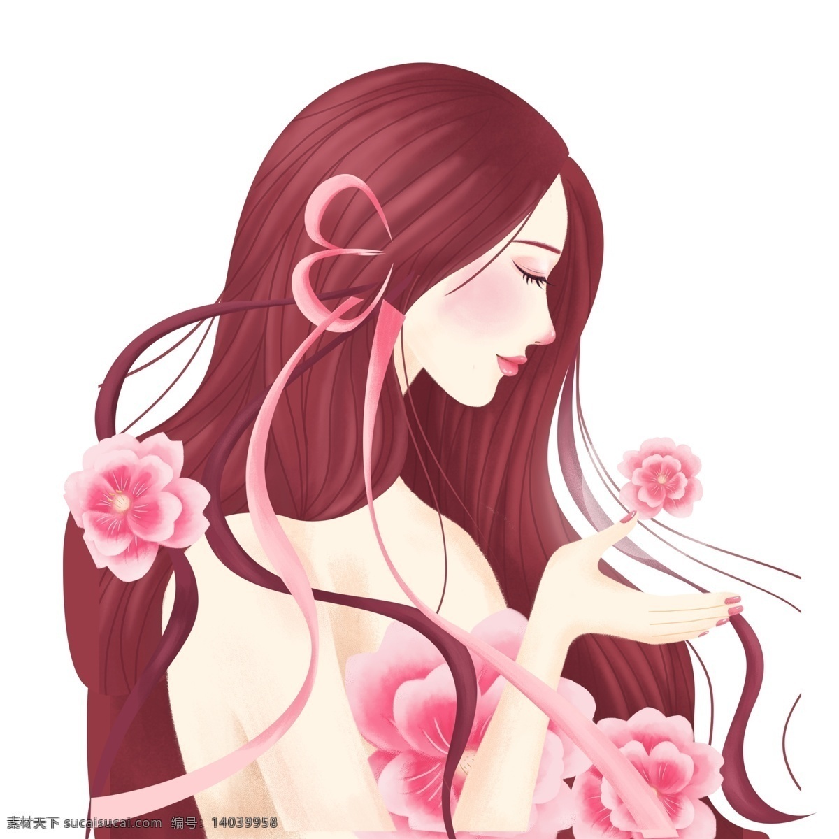 唯美 手绘 头 戴 花朵 女孩 插画 美女 鲜花 粉色 文艺 卡通设计