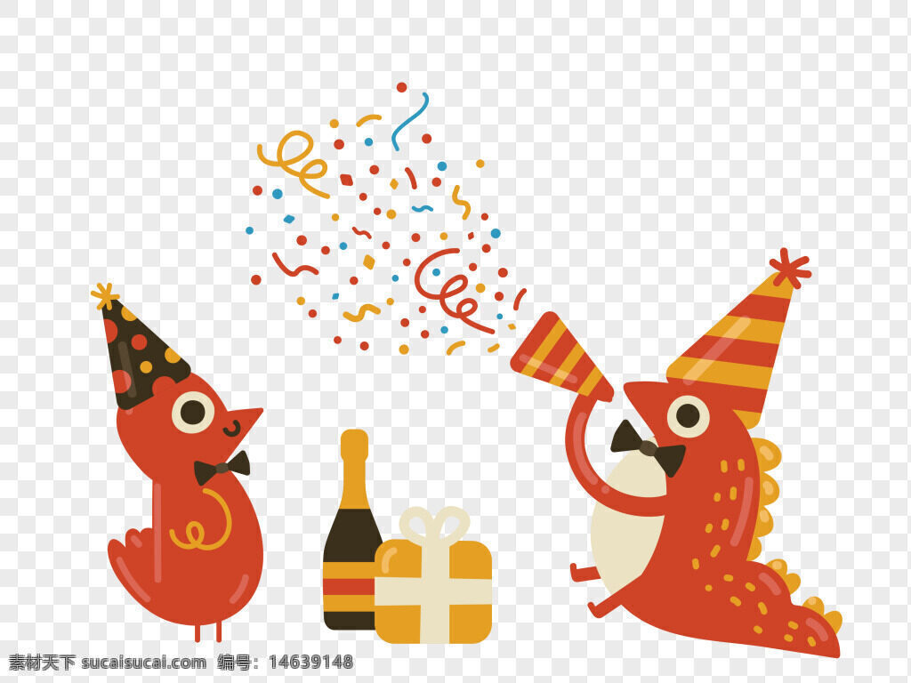 卡通插画 小恐龙 小鸟 生日庆祝 手绘风格 香槟 礼物盒 彩色纸屑 派对帽 动漫卡通 庆祝场景 欢乐气氛 儿童插画 节日派对 创意设计