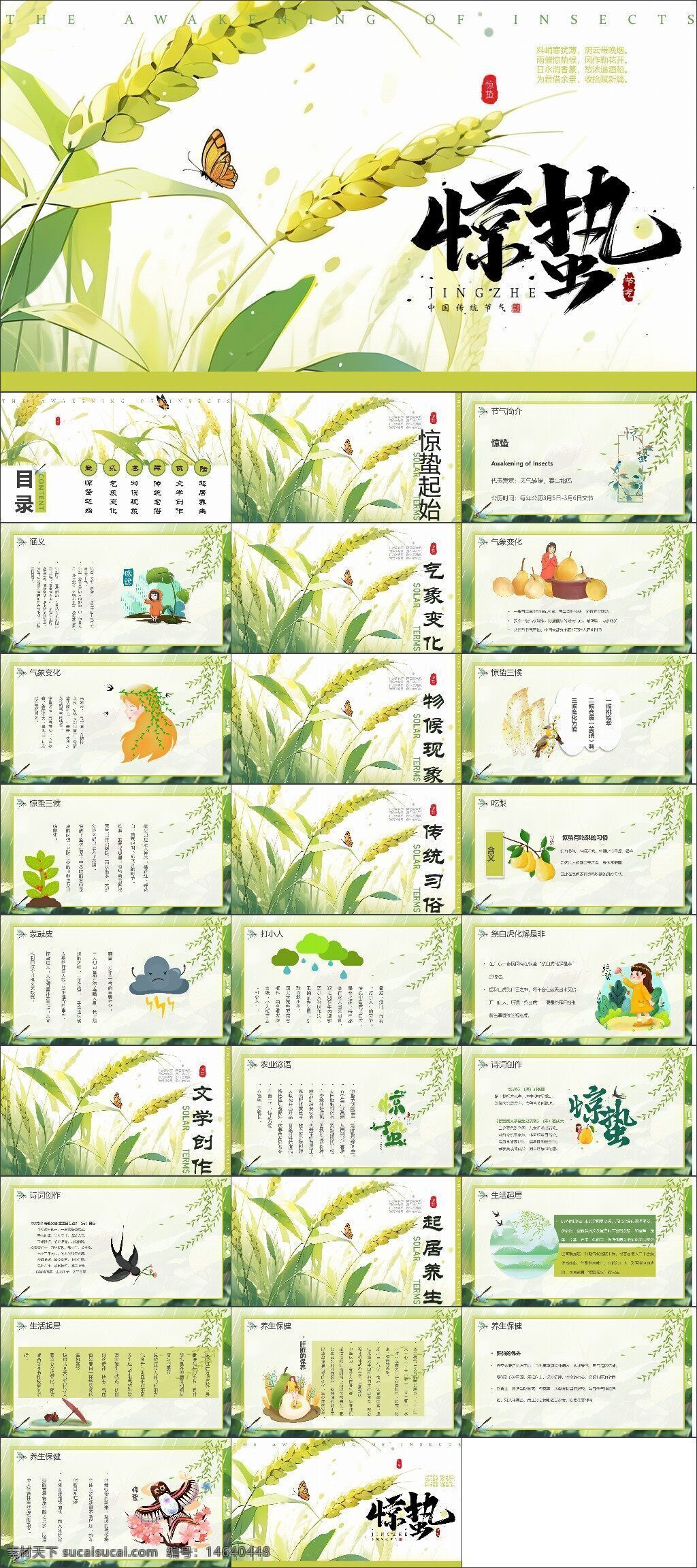 惊蛰 二十四节气 绿色 插画风 春季 ppt模板 农业节气 传统文化 节气科普 自然风景 昆虫苏醒 节气习俗 气候变化 节气饮食 节气养生