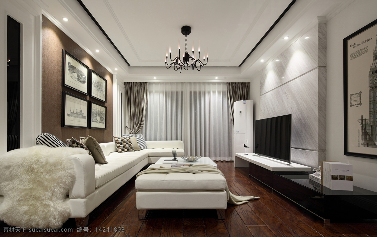 现代 时尚 客厅 白色 布艺沙发 室内装修 效果图 白色电视柜 白色沙发 客厅装修 木地板 银色吊灯