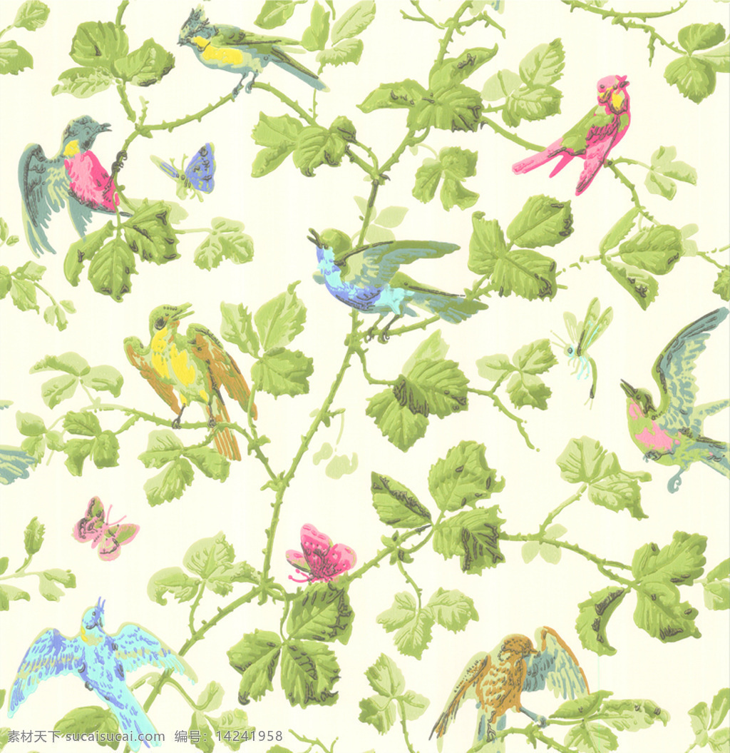 清新 自然 水墨画 动植物 壁纸 图案 壁纸图案 彩色小鸟 绿色植物 浅粉色底纹 森林壁纸