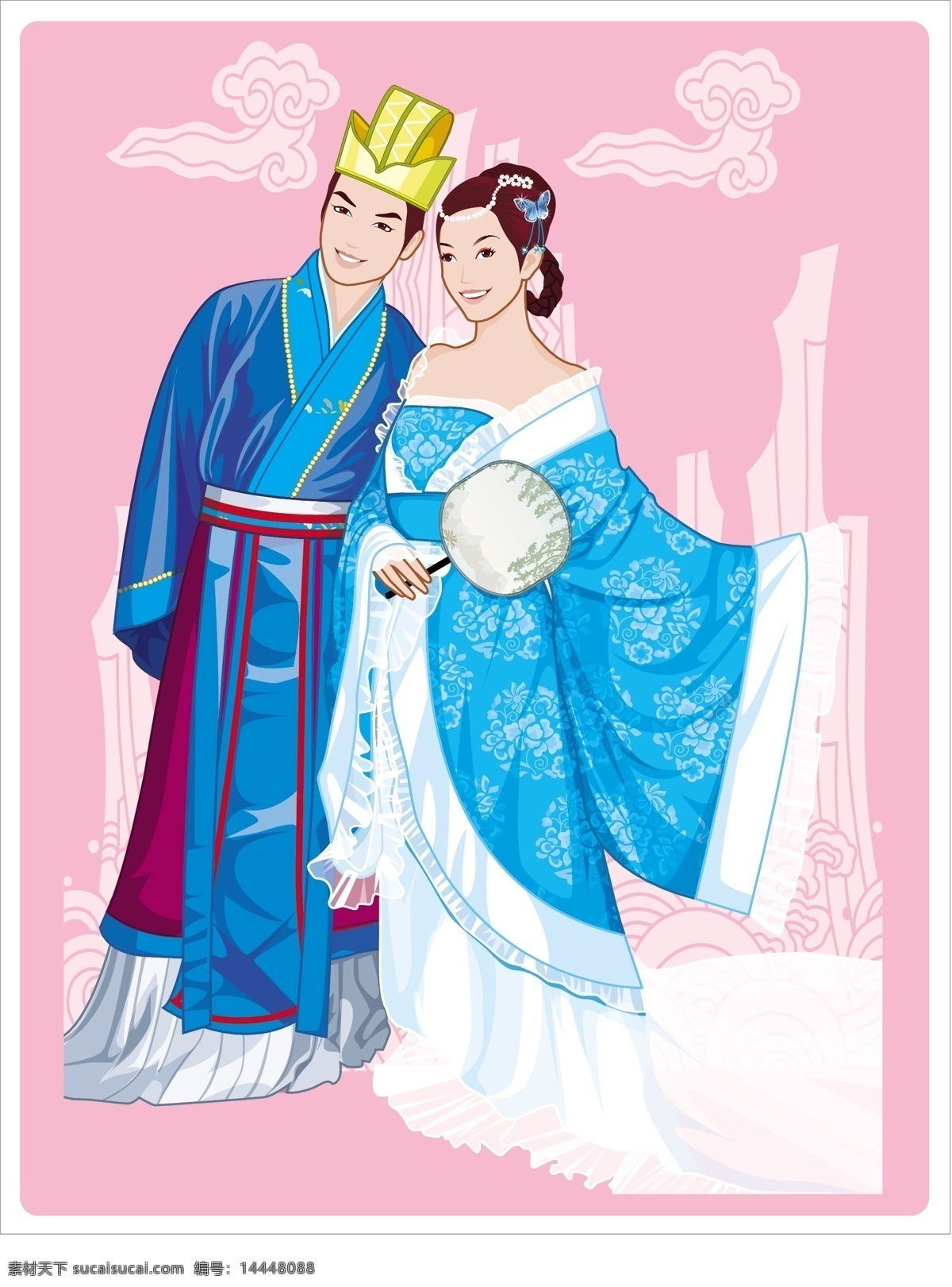 中国 传统 新婚 夫妇 矢量图 免费 插画 花朵 卡通 其他矢量图