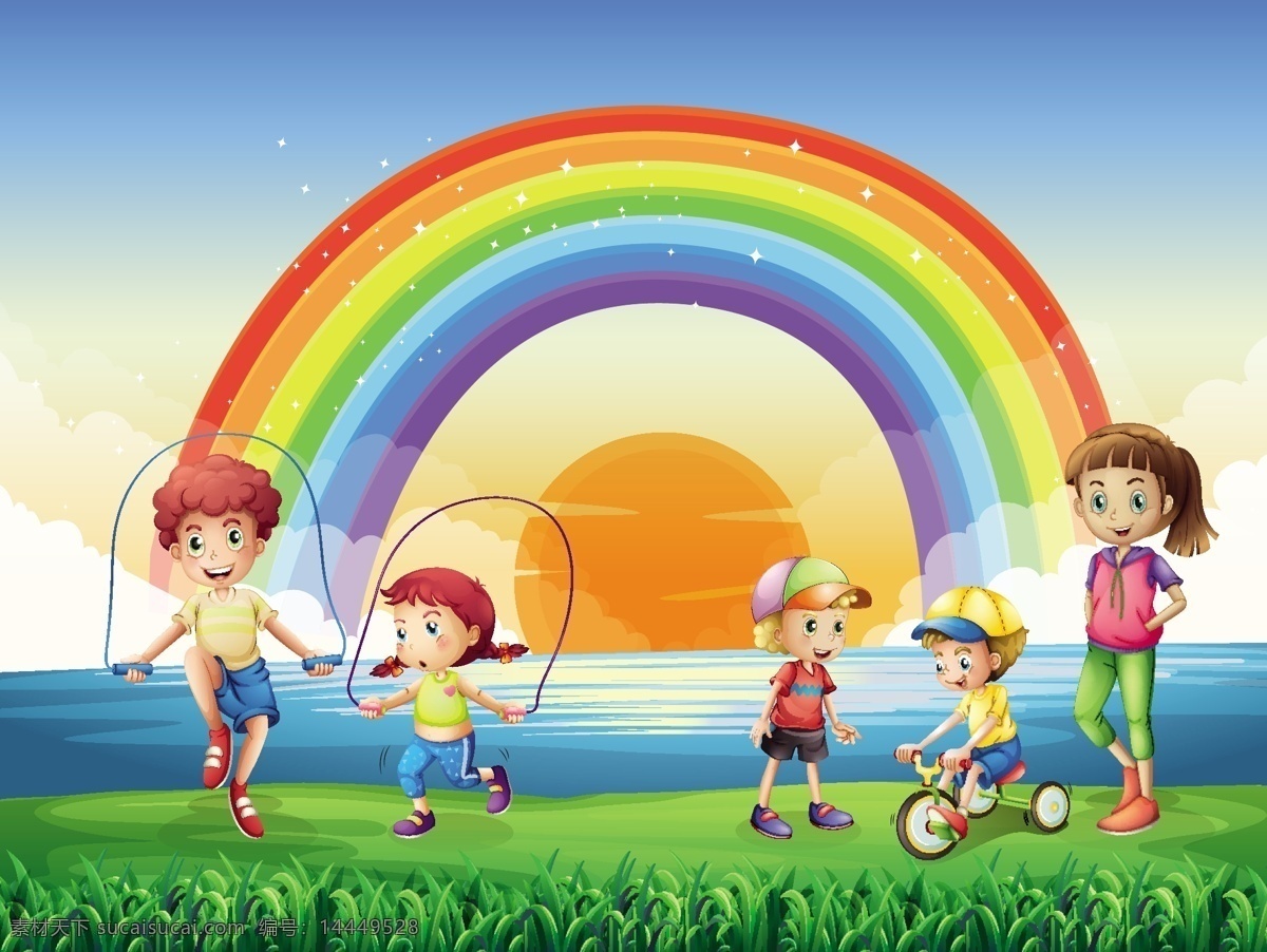 卡通儿童插画 卡通儿童 手绘 户外 绿地 蓝天 彩虹 男孩 女孩 儿童 学生 开心 快乐 玩乐 幸福 卡通设计