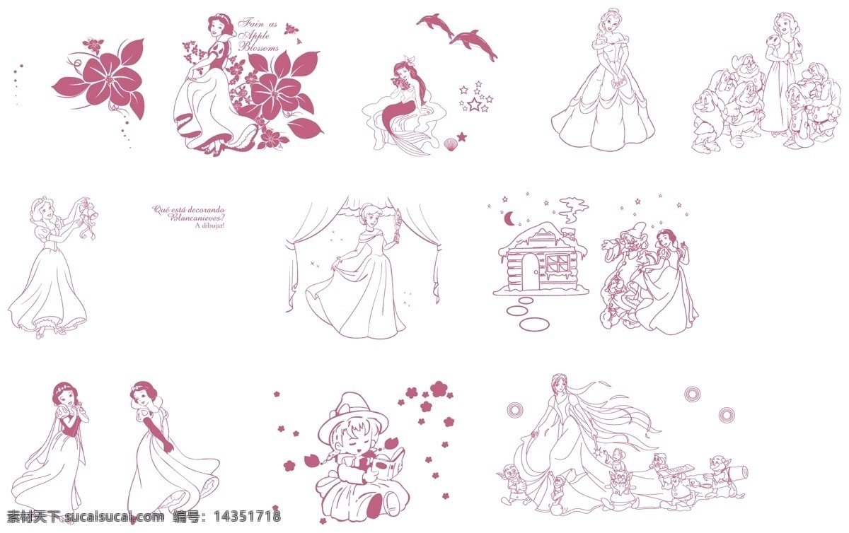 童话公主全集 童话公主 七个小矮人 硅藻泥背景 剪影 动漫 动画 美人鱼 公主 花 动漫动画 动漫人物