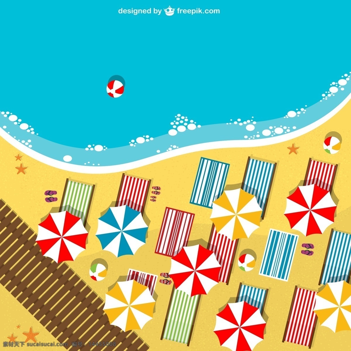 夏季 沙滩 俯视图 大海 遮阳伞 躺椅 海星 度假 沙滩拖鞋 矢量图 ai格式 青色 天蓝色