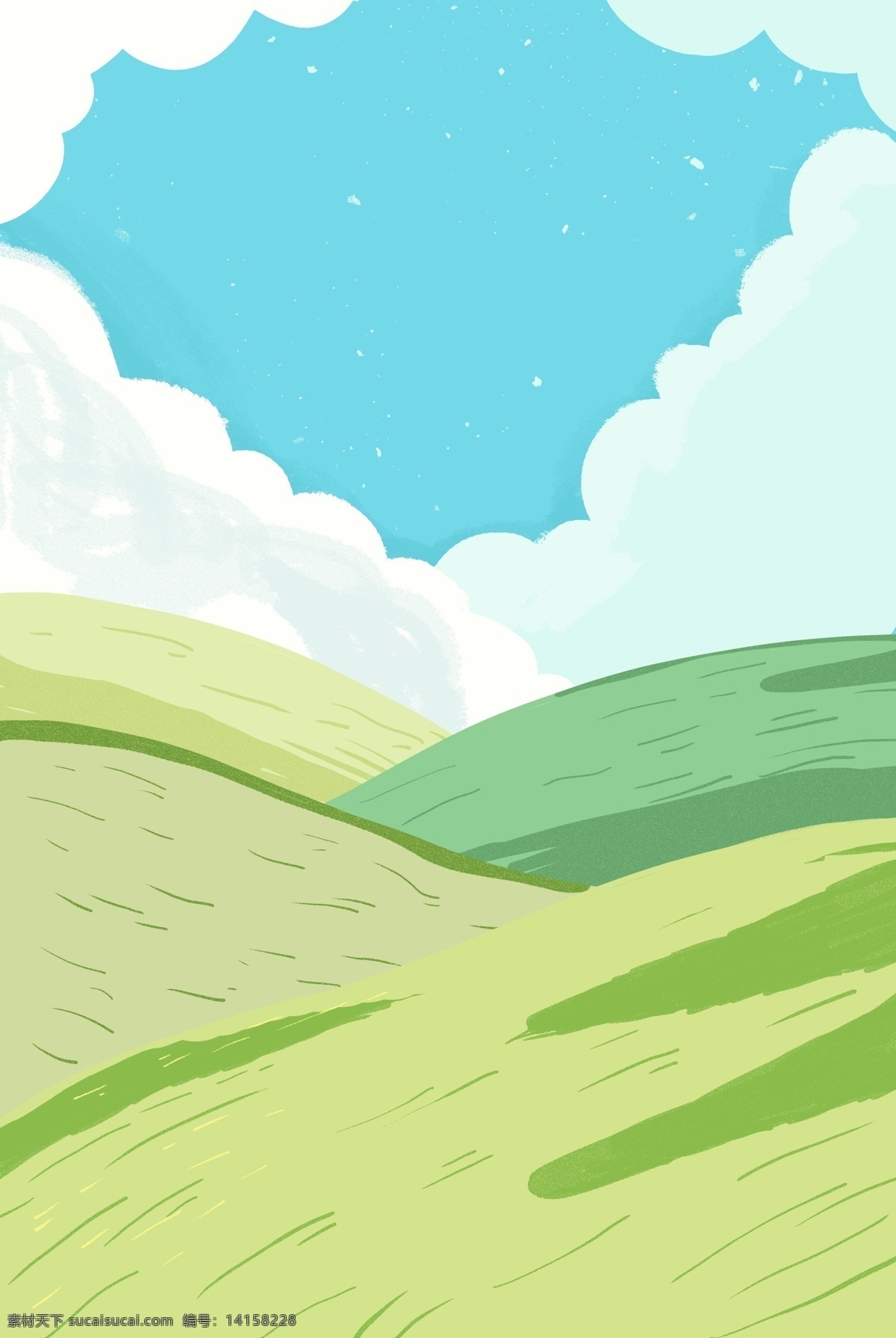 绿色 草地 天空 免 抠 图 蓝天白云 卡通图案 卡通插画 绿色植物 小草 叶子 蓝色云朵 免抠图