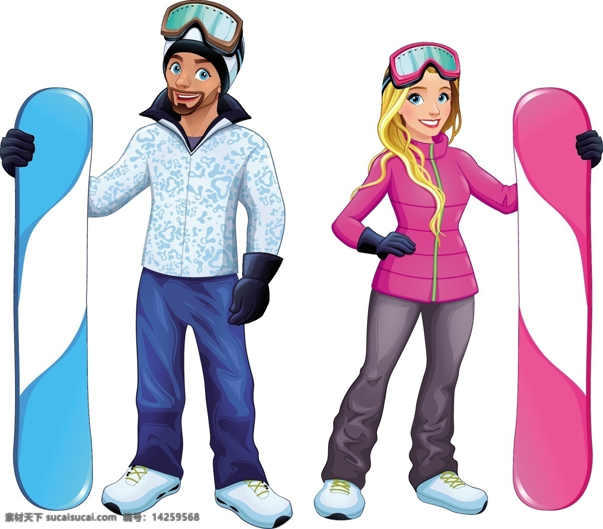 滑雪对人物 冬季 男人 时尚 运动 性格 卡通 美女 喜剧 微笑 快乐 人 情侣 板 男孩 乐趣 头盔 女士 女性 年轻 滑雪板