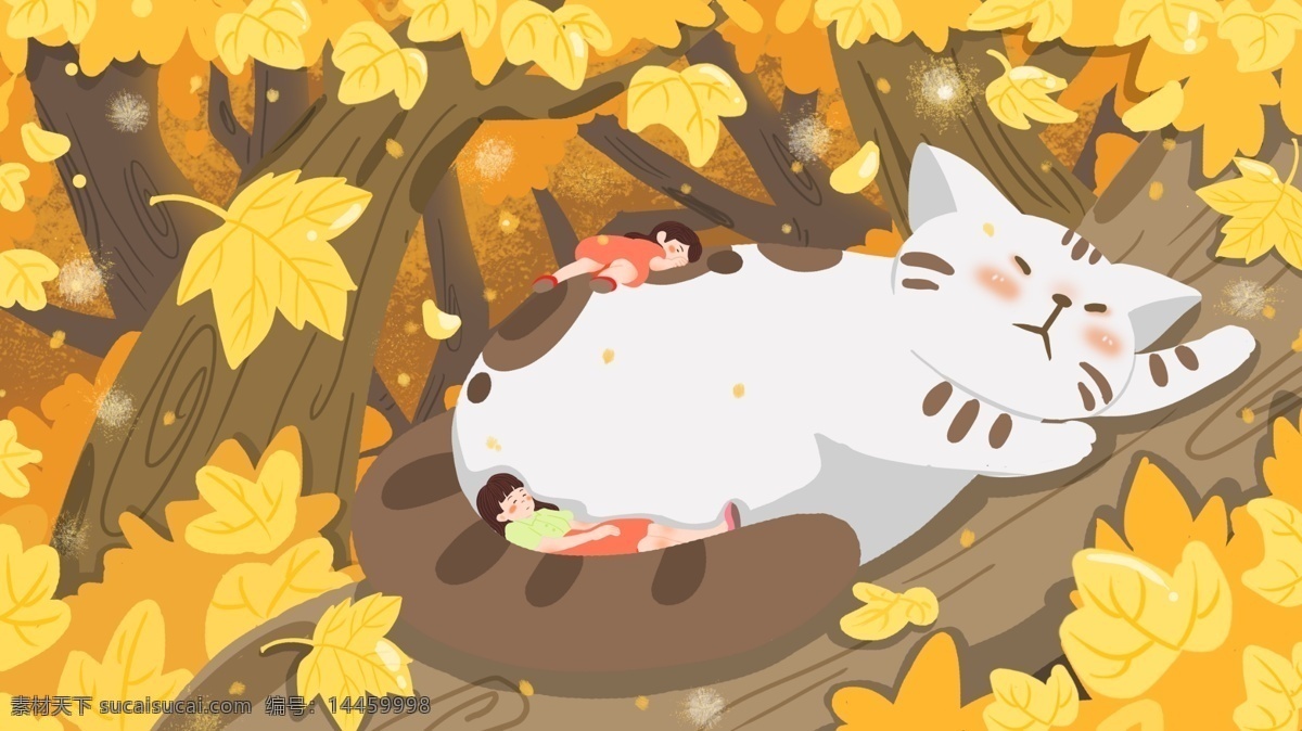 秋天 可爱 猫 树上 睡觉 金色 插画 封面 壁纸 九月 女孩 枫树 配图