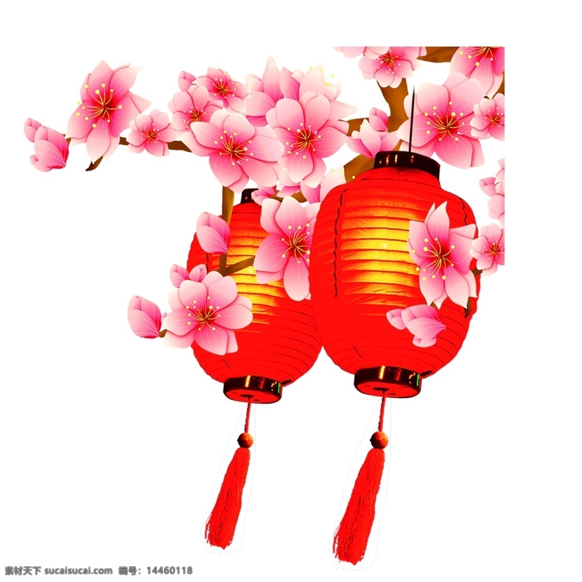 中国 风 新年 装饰 花枝 灯笼 透明 中国风 唯美 装饰图案 水彩 盛开 免扣素材 透明素材