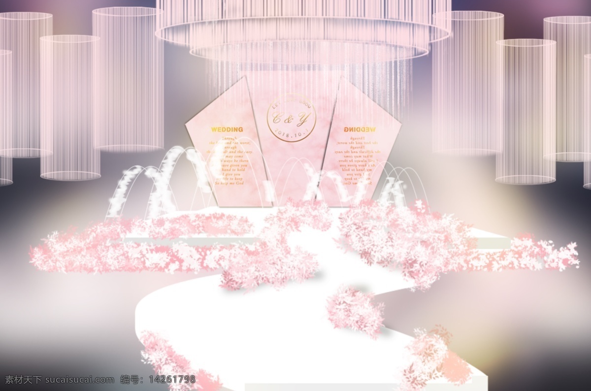 梦幻 粉色 婚礼 效果图 粉色系 吊顶 花艺 铁艺